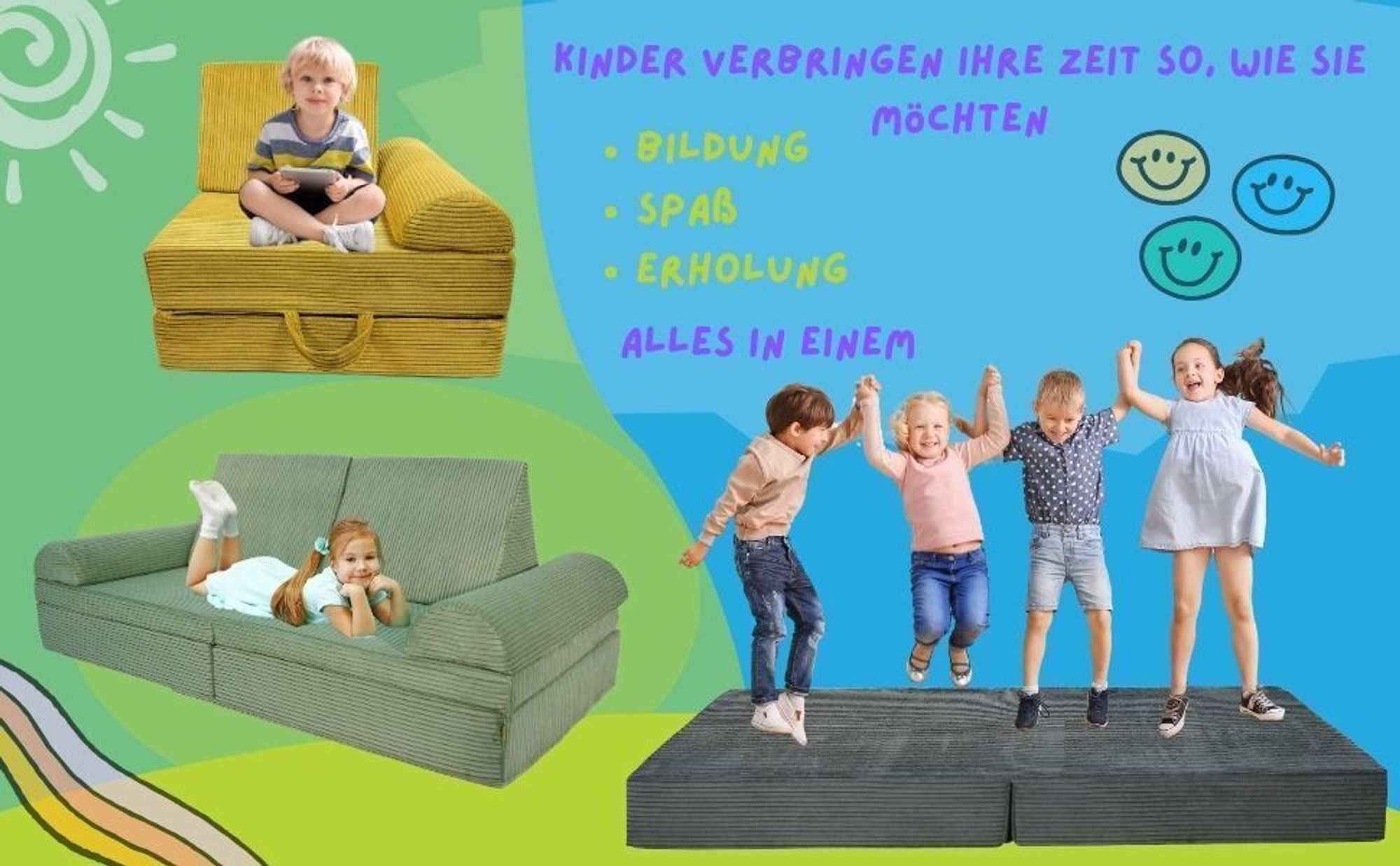 Pillows24 - Kindersofa mit Schlaffunktion | Weiches Spielsofa aus Cordstoff | Kinder Sofa mit abnehmbaren Bezügen für Spielzimmer, Grün