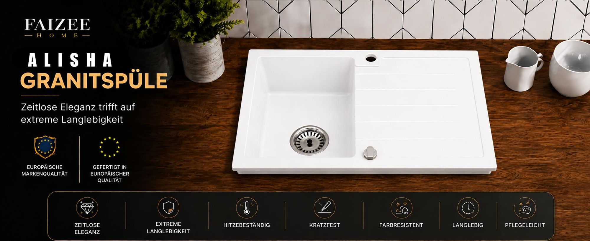 [Granitspüle 76x44 Weiß]Hochwertig beidseitig Montierbar Küchenspüle Eckig Einbaugranitspüle Granit Spülbecken f. Unterschränke ab 45 cm inkl.Sipho