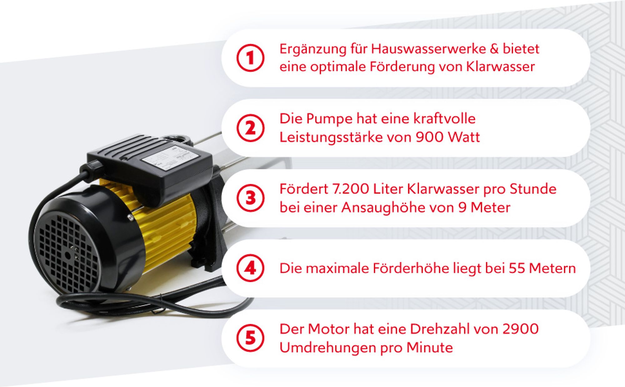 Wiltec Mehrstufige Kreiselpumpe 6600l/h 900W Förderhöhe 55m, Ansaughöhe 9m, 2850U/min, Wasserpumpe für Hauswasserwerke, Haus und Garten