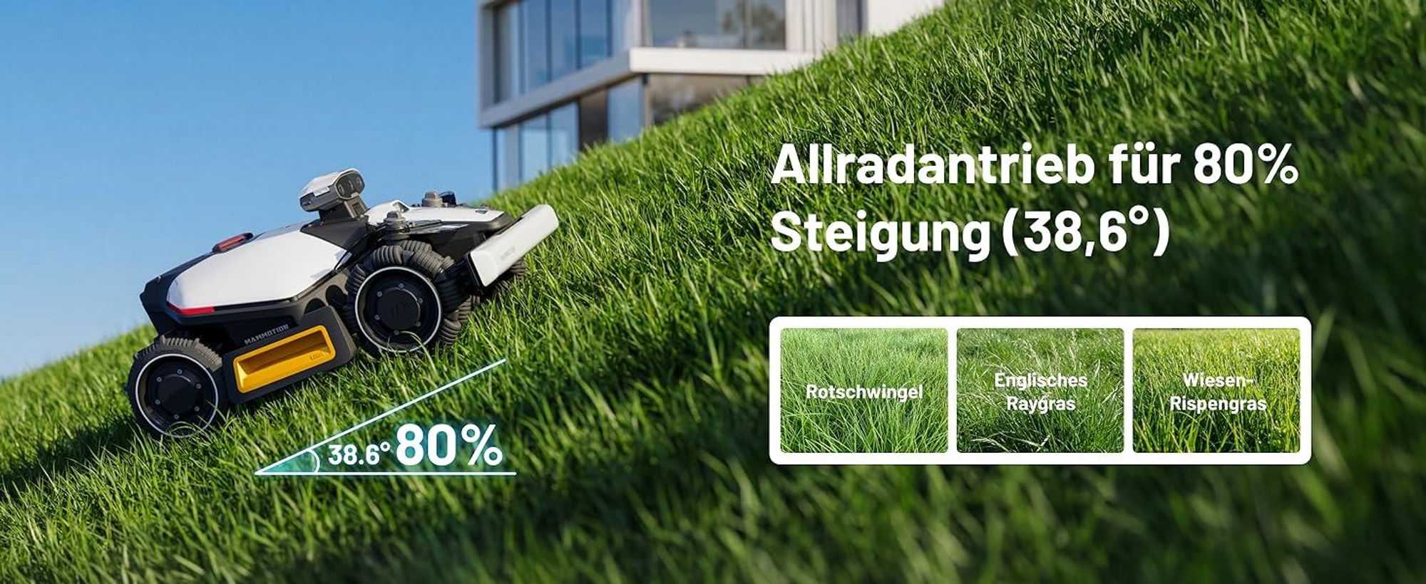 Mähroboter Mammotion LUBA Mini 2 AWD 1000 mit Garage, Waschständer, ohne Kabel, bis 1000 m², Randmähen, DropMow, Auto-Kartierung, 4G-Modul, APP