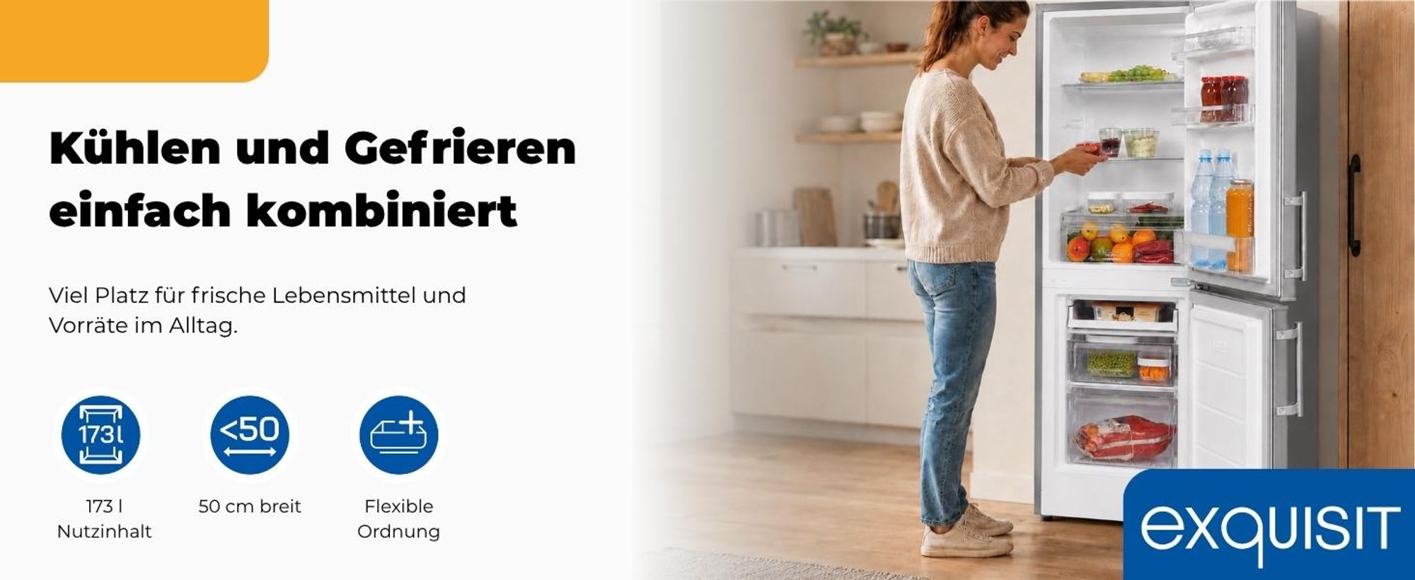 Exquisit Kühl-Gefrierkombination KGC5233-60-HE-040D inoxlook | Nutzinhalt: 173 L | Alarm-Funktion | 4-Sterne-Gefrieren | Standgerät