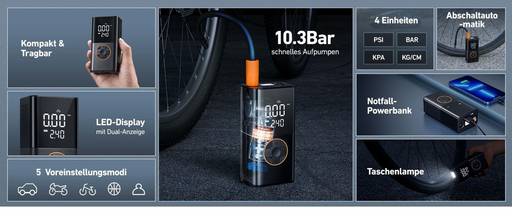 Elektrische Akku-Luftpumpe 150 PSI, 4000 mAh, Digitales Display, LED, Tragbar