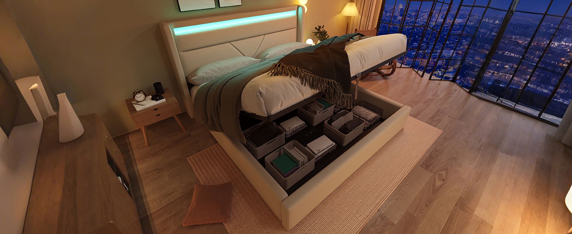 okwish Polstebett 160x200cm Doppelbett mit hydraulischem Stauraum,Bettgestell mit Lattenrost, Bettkasten und LED-Beleuchtung, weiß (mit Matratze)
