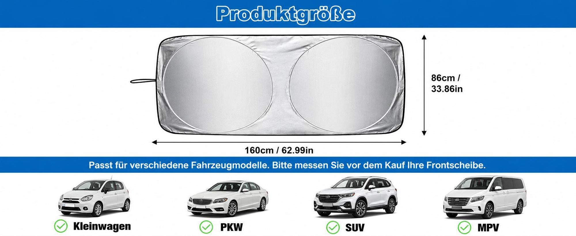 Sonnenschutz Auto Frontscheibe, Faltbar Sonnenschirm, UV-Schutz Auto Sonnenblende für die Windschutzscheibe, für Kompakt Fahrzeuge, 160×86 cm