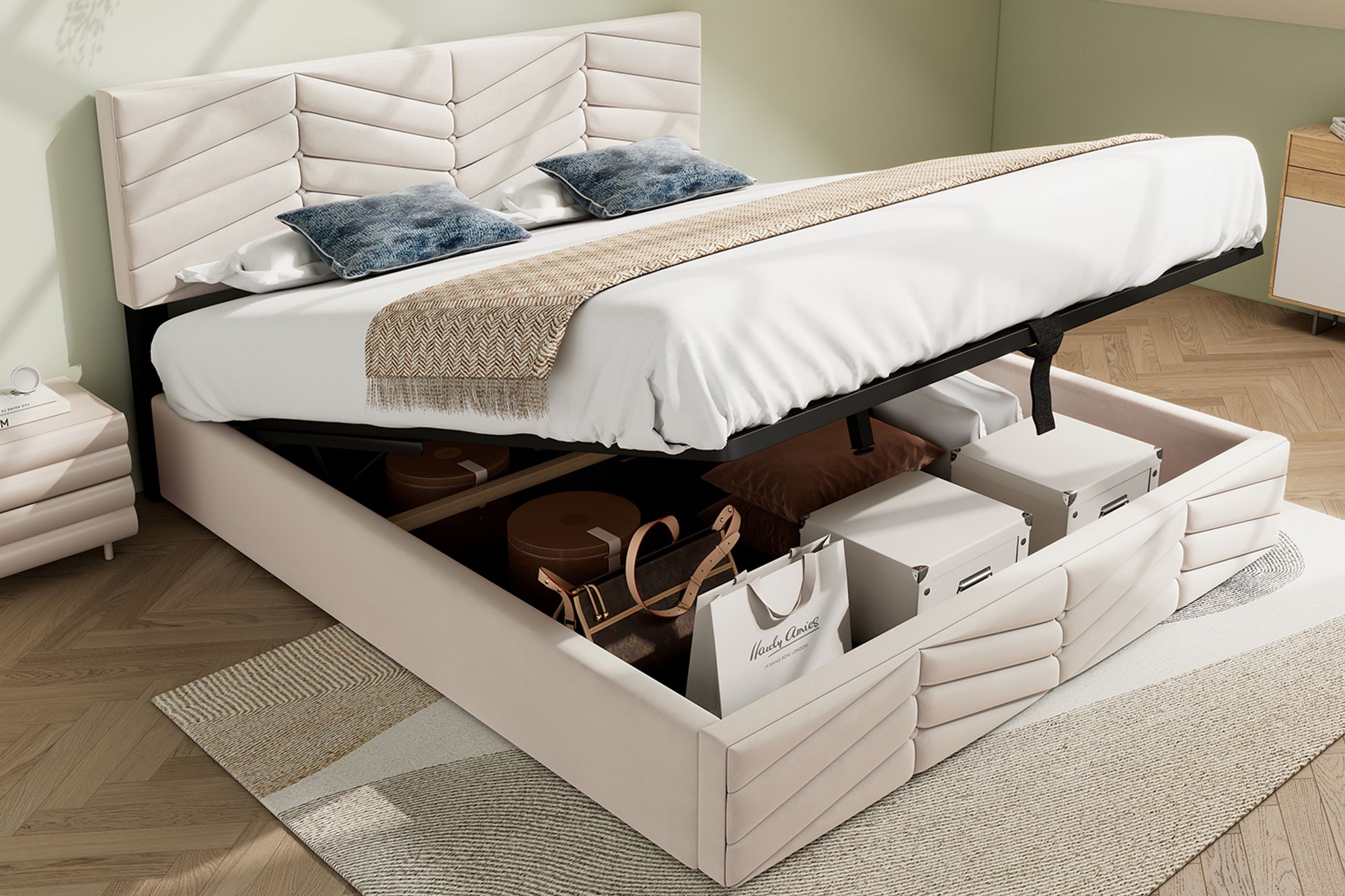 okwish Polsterbett Stauraumbett 140×200 cm mit Bettkasten, Doppelbett mit Lattenrost und höhenverstellbarem Kopfteil, Samt Beige,Ohne Matratze