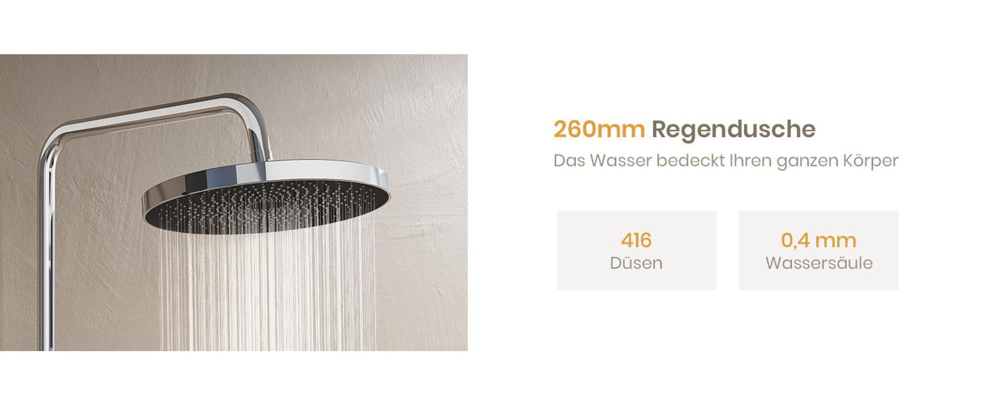 EMKE Duschsystem mit Thermostat Chrom Einstellbarer Wasserfluss 260mm Rund Regendusche, Vorlauf & Badewannenauslauf F28