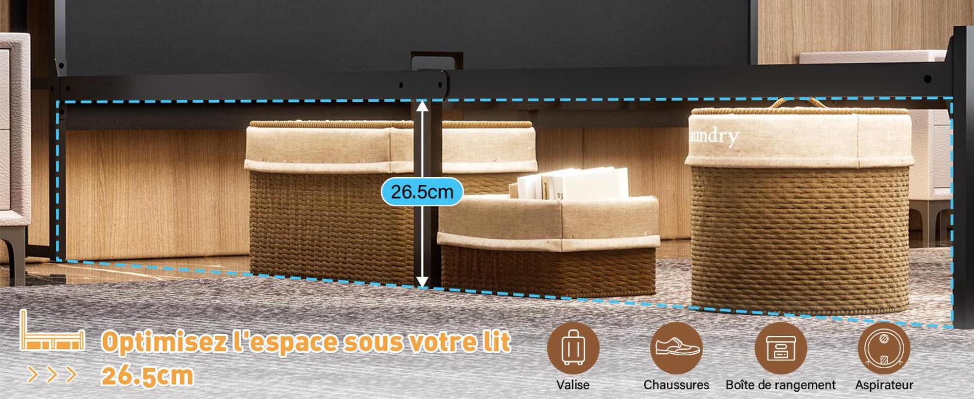 DEWINNER Cadre de lit 160 x 200 avec Sommier en métal, lit 2 Personnes, avec lumières LED et Prises Multiples (1 Prise AC, 2 Ports USB), avec casier