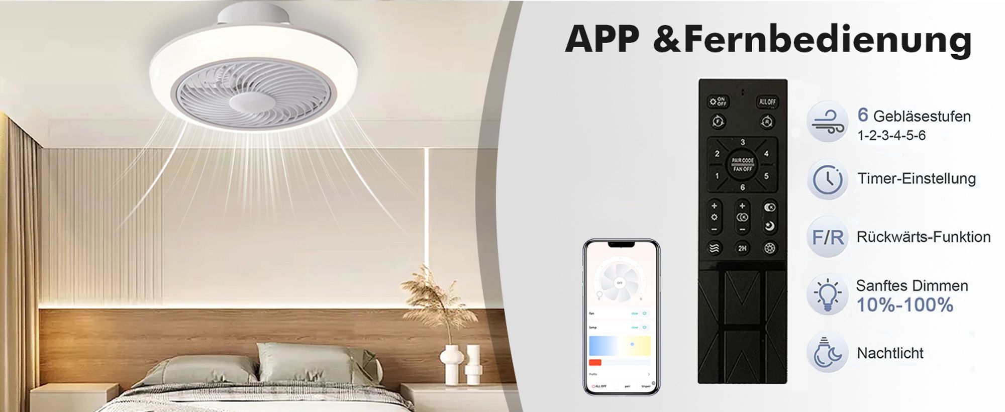 Smart Deckenventilator mit Beleuchtung und Fernbedienung 3000K-6000K Dimmbar LED Deckenleuchte mit Ventilator 6 Windgeschwindigkeit Lüfterleuchte