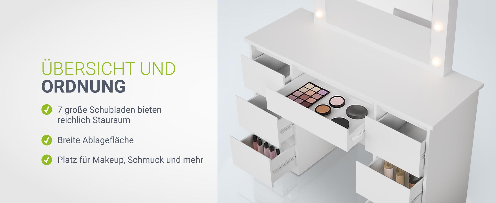 Juskys Schminktisch Talea mit LED, 7 Schubladen & großem Spiegel – Weiß
