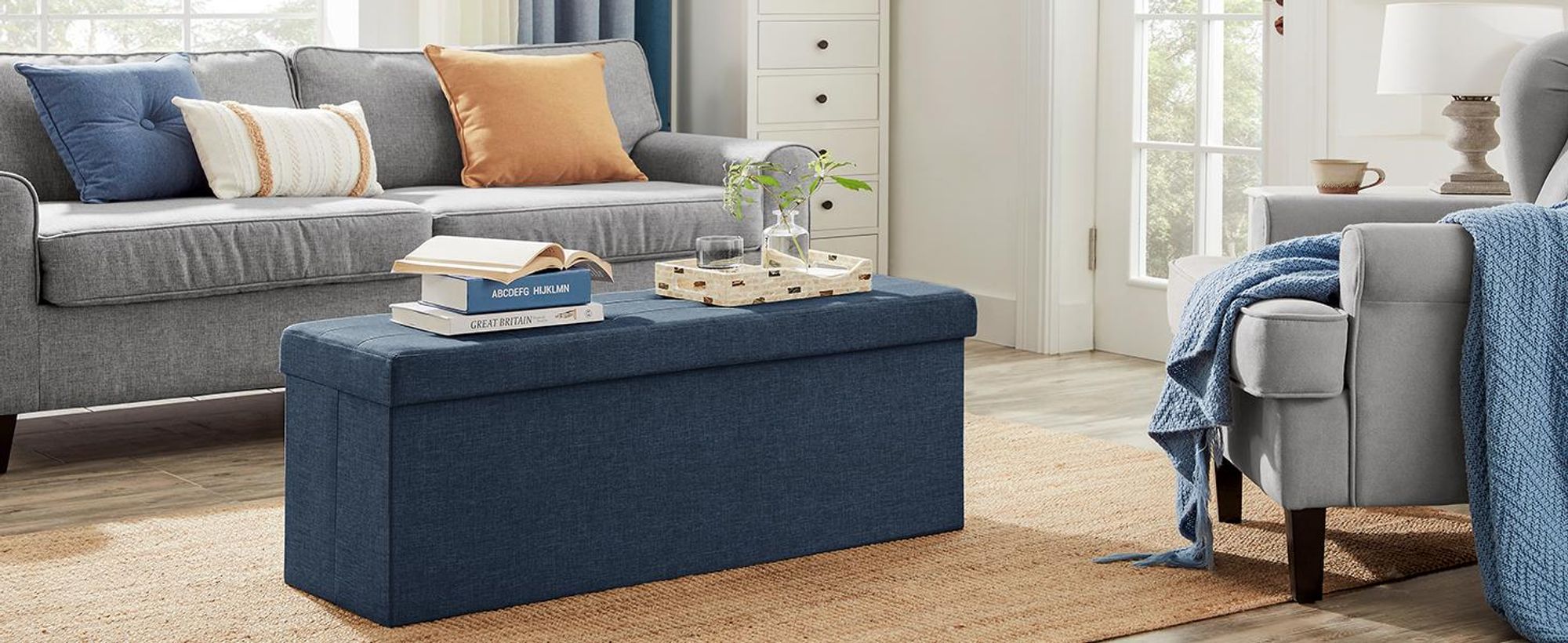 SONGMICS 110 cm Sitzbank mit Stauraum, klappbare Sitztruhe, Fußbank, dunkelblau