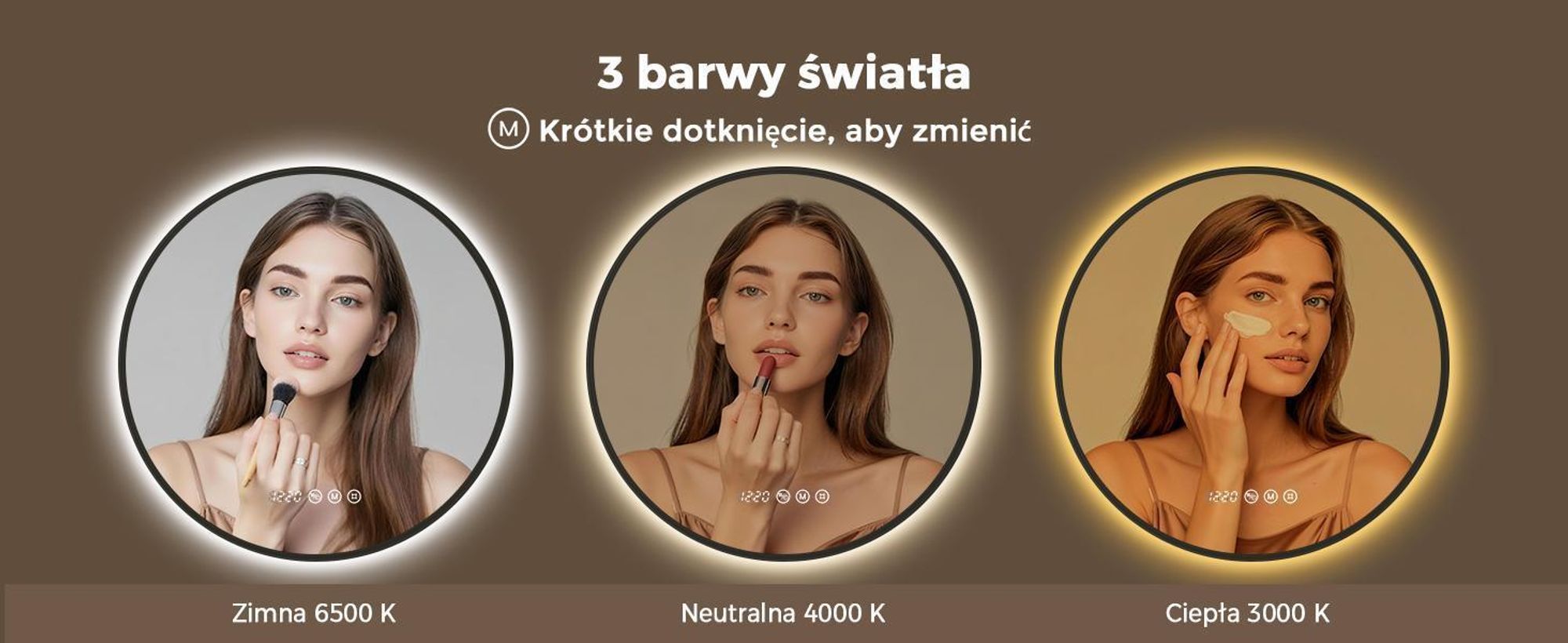 S'AFIELINA Lustro Łazienkowe LED 80 cm, Okrągłe, Czarna Rama, 3 Barwy Światła, Regulacja Jasności, Antypara, Zegar, Wyświetlacz Temperatury