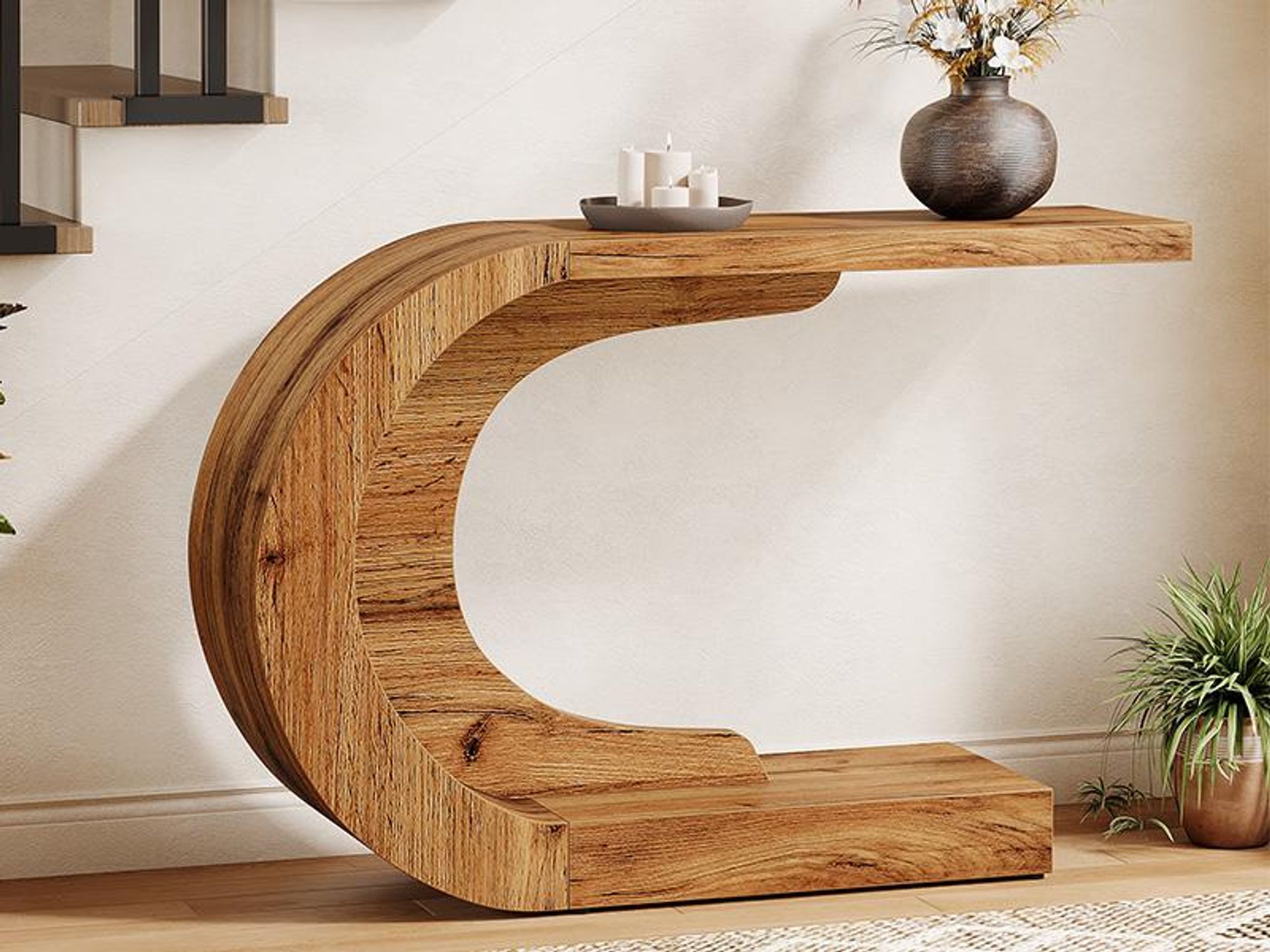 Tribesigns 110 cm Konsolentisch, im Mid-Century-Modern-Stil für Eingangsbereich, C-förmig Holz Flur, Wohnzimmer, Eingangsbereich, Foyer, Naturbraun