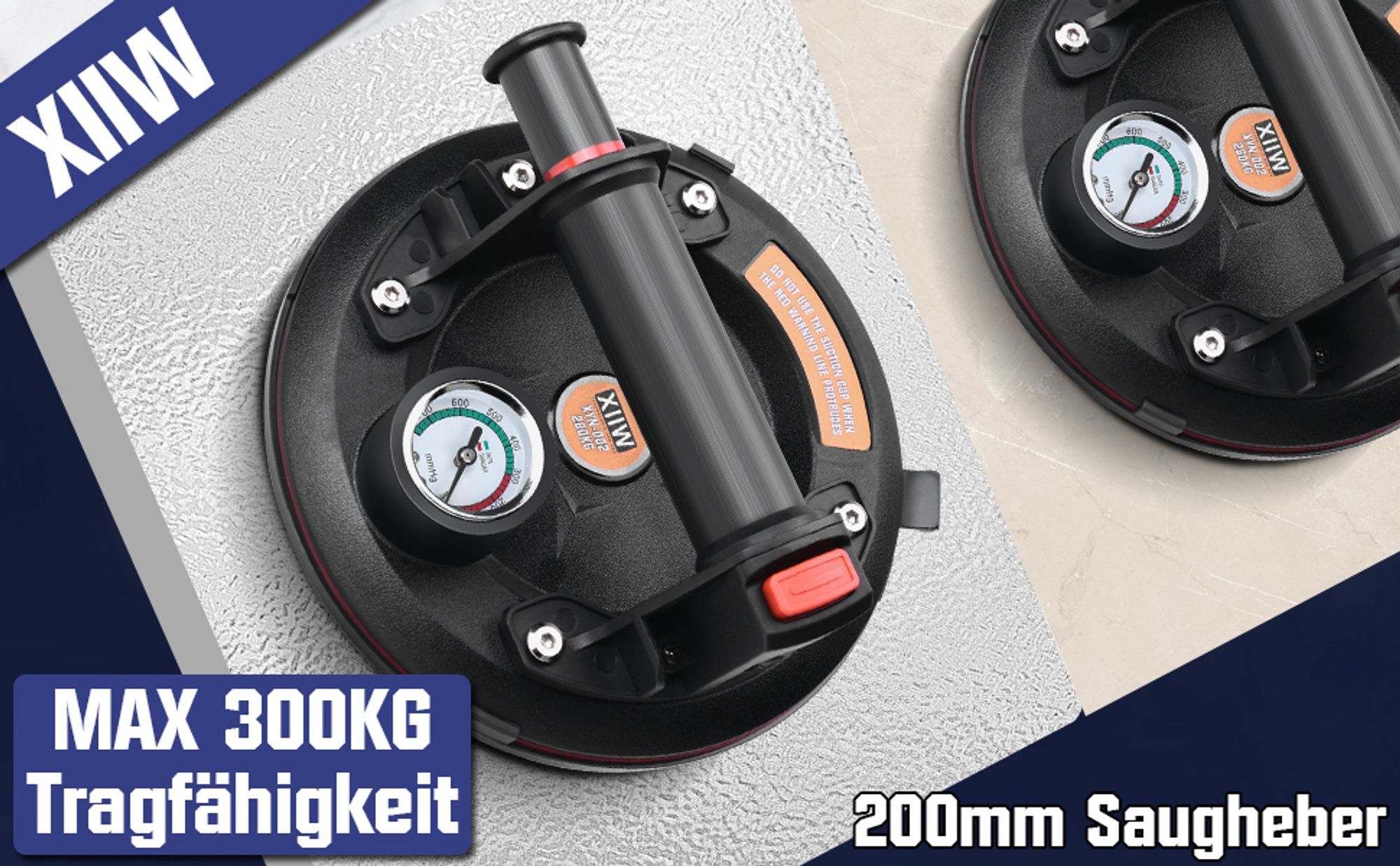 2X 8'' Saugheber Glasheber mit Manometer, Max. 280kg, Vakuum Saugnapf Fliesenheber, Glassauger Saughalter Plattenheber für Fliesen,Glas,Marmor