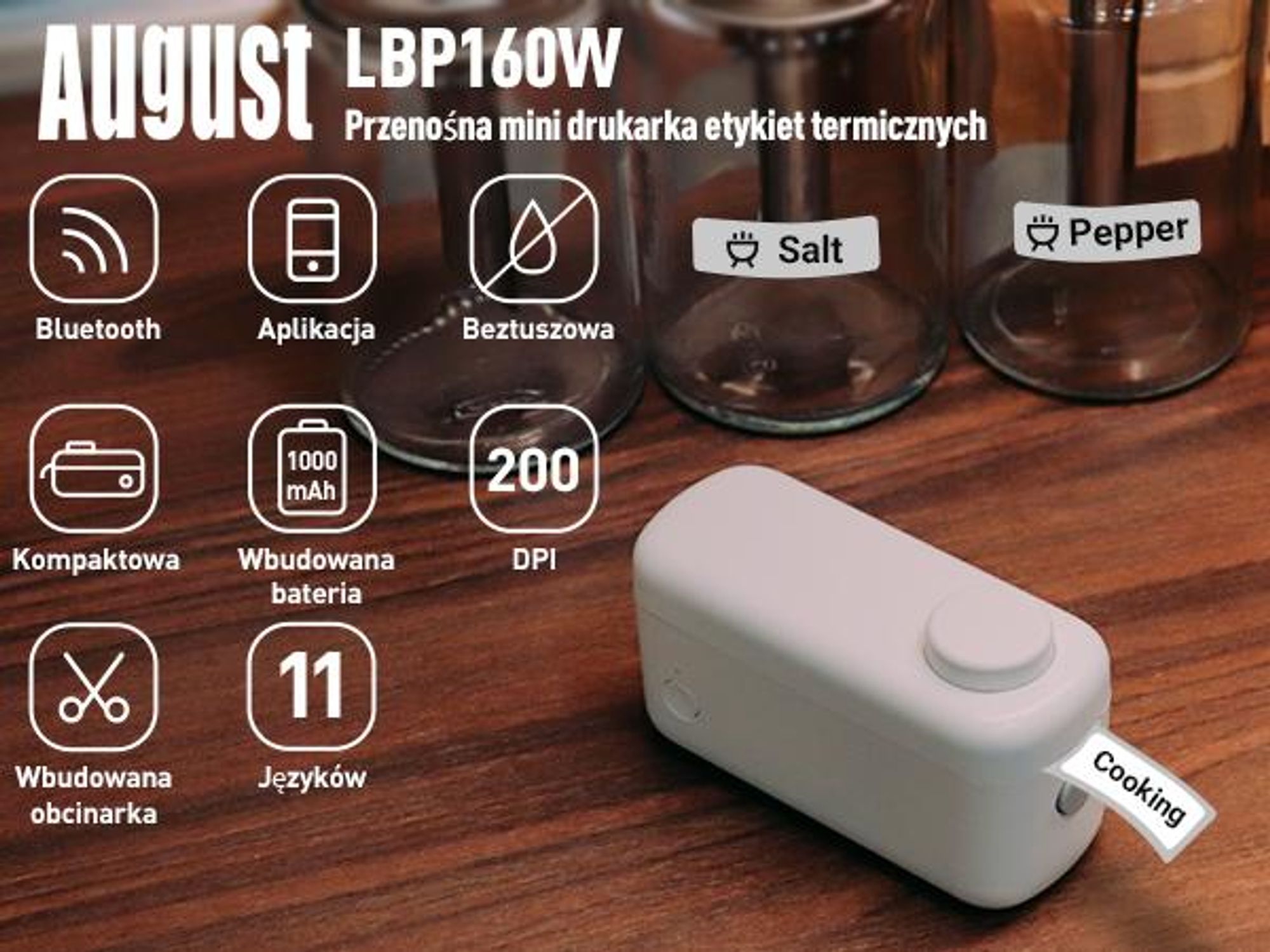 Mini drukarka etykiet z Bluetooth, ponad 1700 symboli, z akumulatorem – August LBP160W