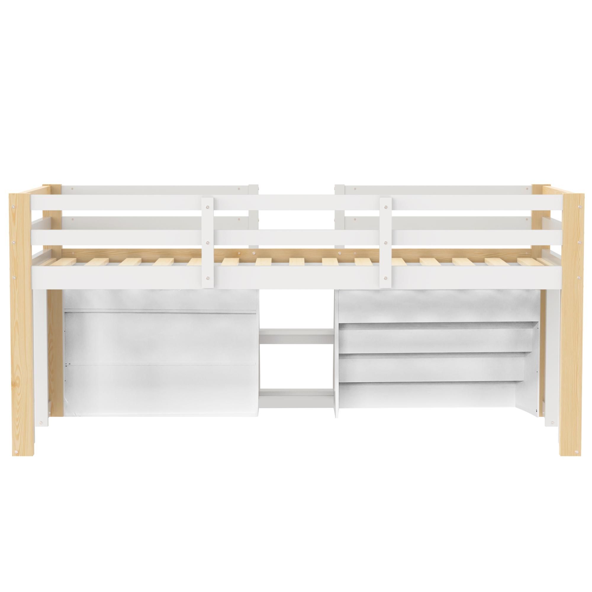 Flieks Kinderbett Hochbett 90x200cm mit 2 Regal, Etagenbett mit Led, Holzbett Einzelbett Stockbett mit Rausfallschutz und Lattenrost, Weiß Holzfarbe