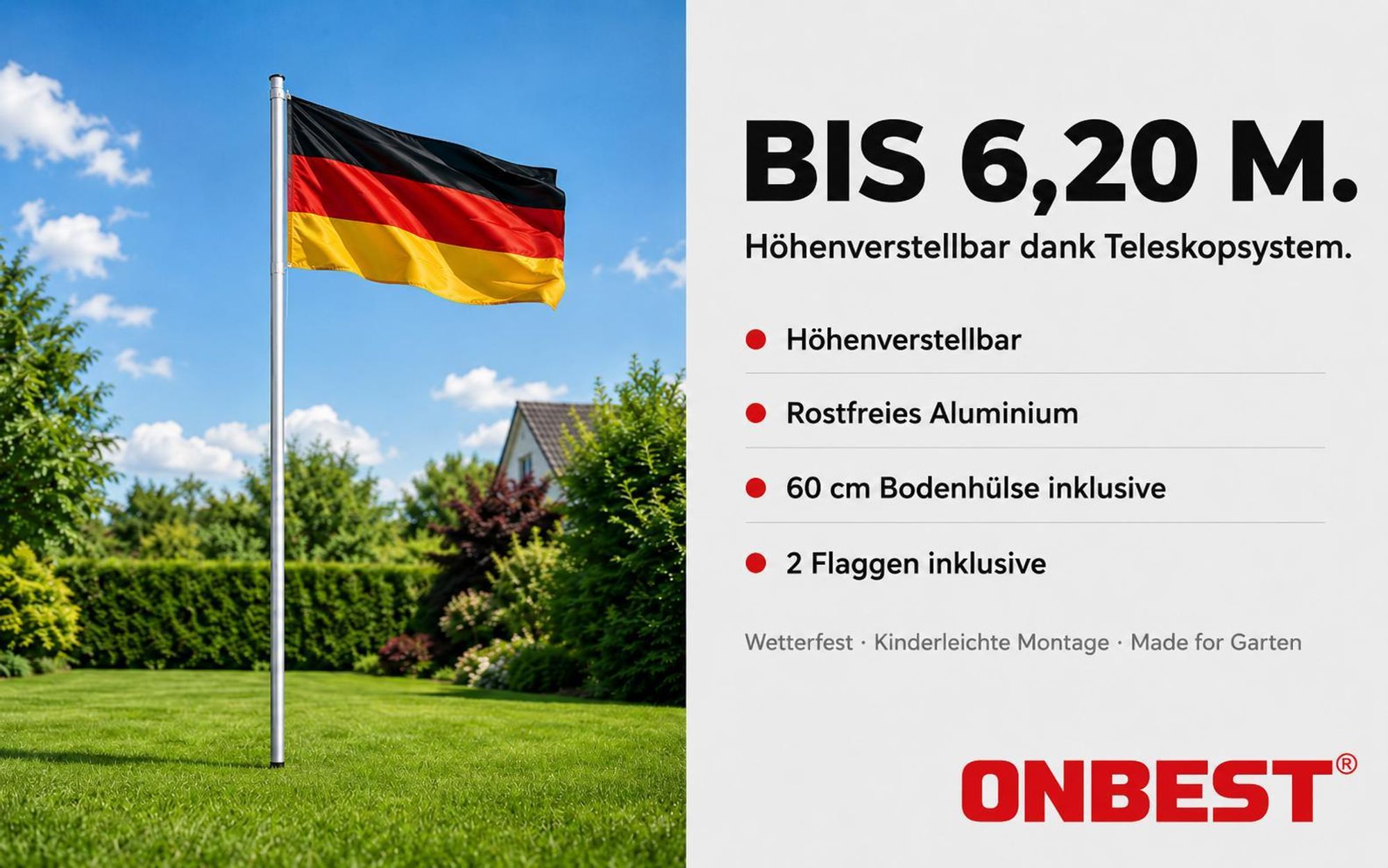 ONBEST Fahnenmast | mit Bodenhülse und Karabiner | 6,2 m | inklusive Deutschlandfahne | Partyfahne