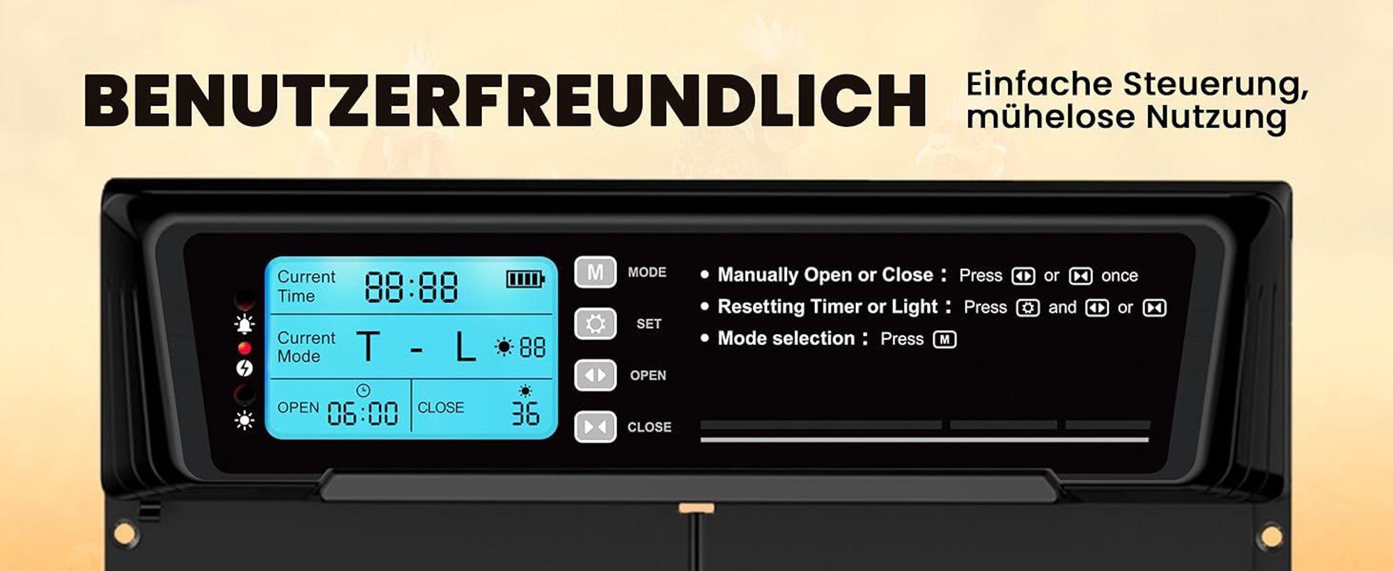 Automatische Hühnerklappe, Türöffner Hühnerstall, Hühnertür Automatischer Türöffner, Elektrische Hühnerklappe, LCD Display, Fernbedienung, Lichtsensor