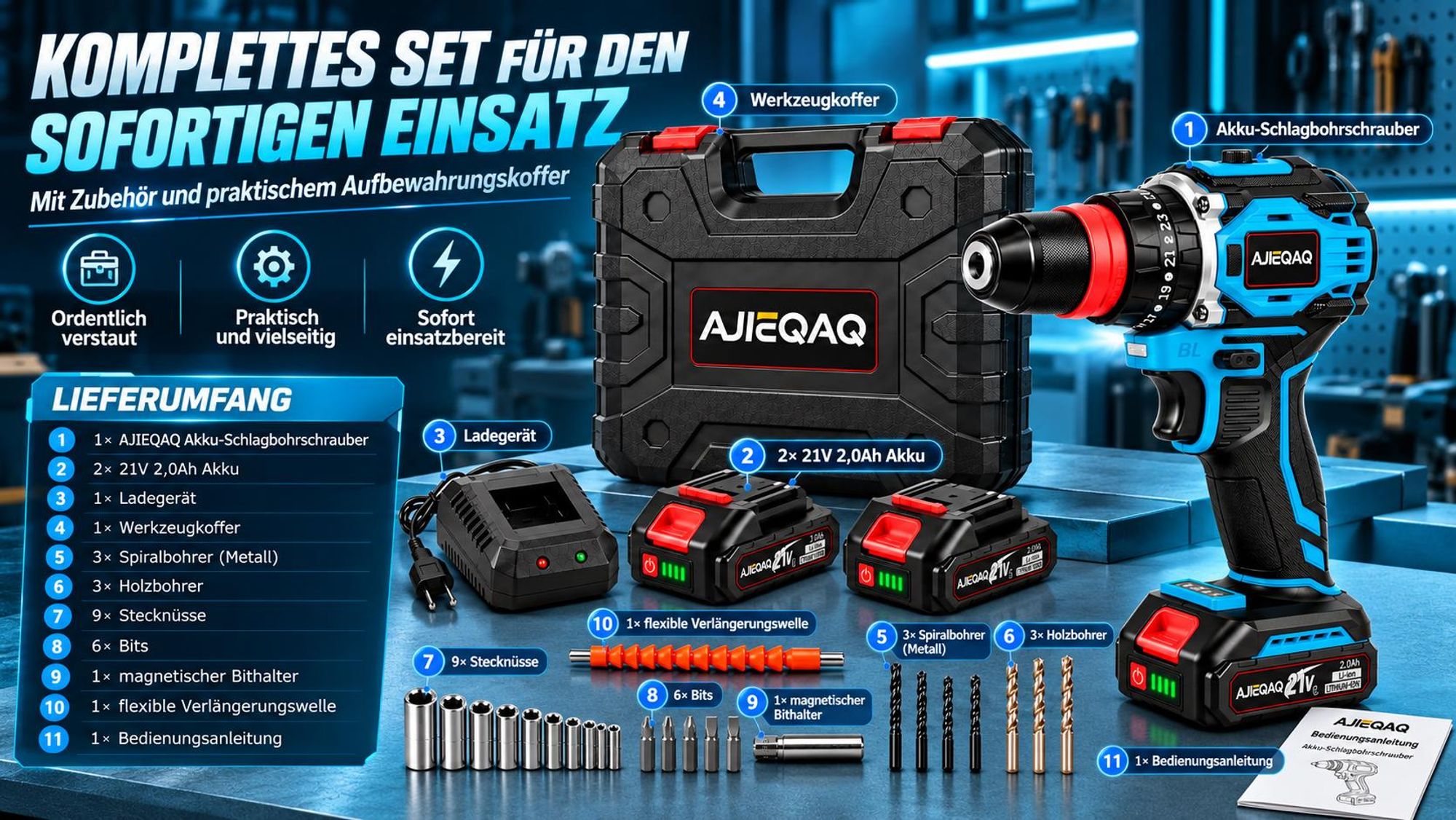 3-in-1 Akku-Schlagbohrschrauber 21V Brushless, 60Nm, 2×2,0Ah Akkus, 25+3 Drehmomentstufen, 2-Gang, 10 mm Bohrfutter, LED, Koffer