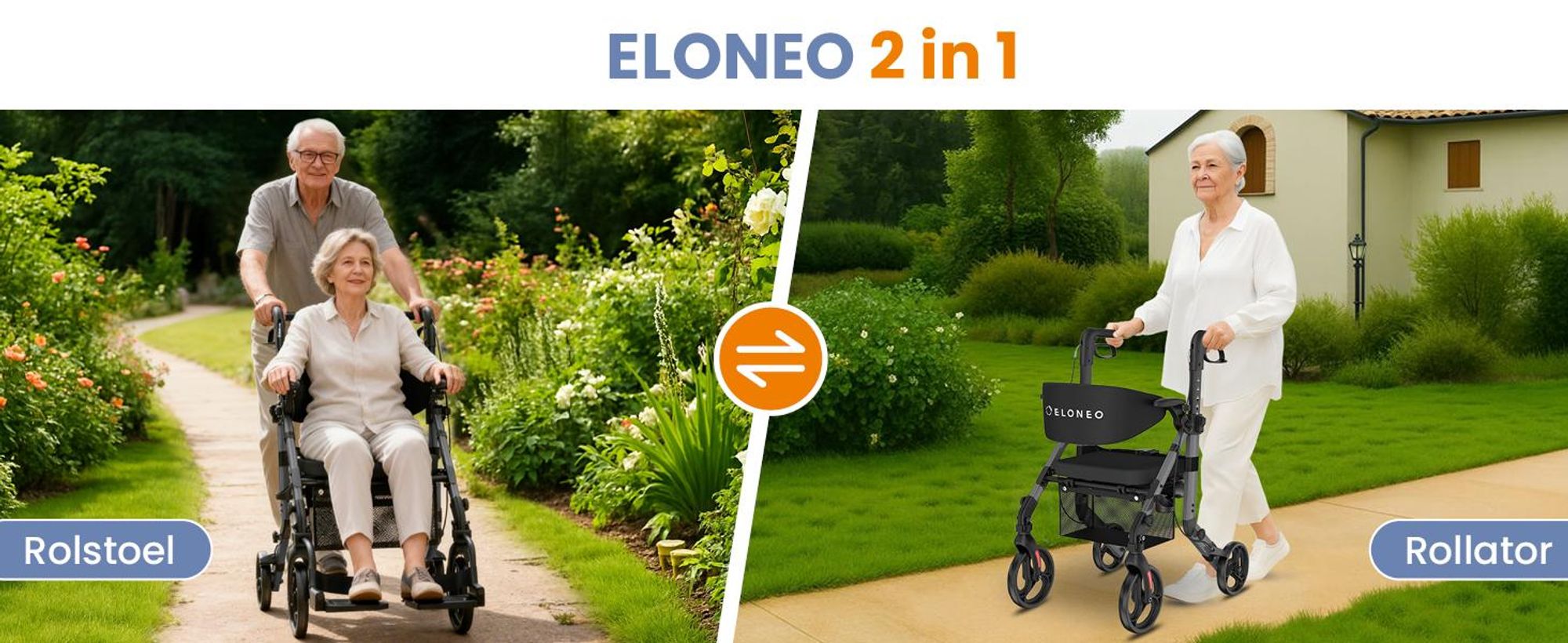 ELONEO 2-in-1 rolstoel/rolator, opvouwbaar en lichtgewicht met zitplaats, outdoor rolstoel/rolator, opvouwbaar, aluminium loophulpmiddel voor senioren - Grijs