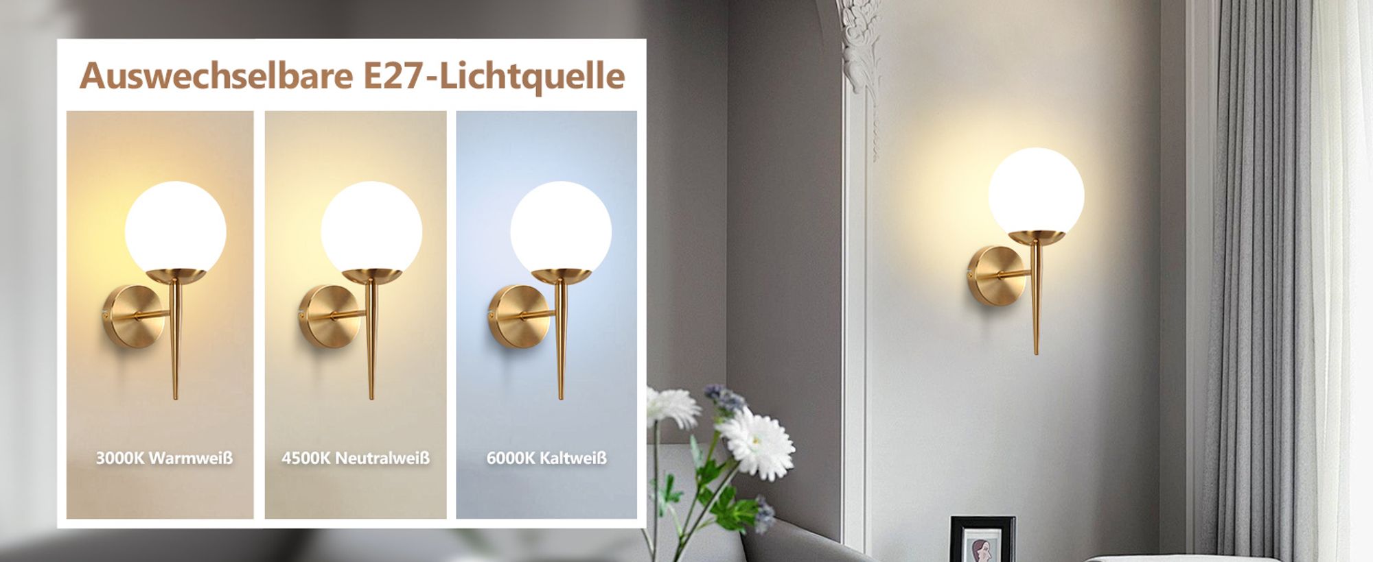 ZMH Wandleuchte Innen Wandlampe Schlafzimmer Wandbeleuchtung Glaskugel Treppenhaus Gold Vintage Flurlampe Badezimmer Glas Lampenschirm Modern Design E27 Beleuchtung für Flur Bad Ohne Leuchtmittel