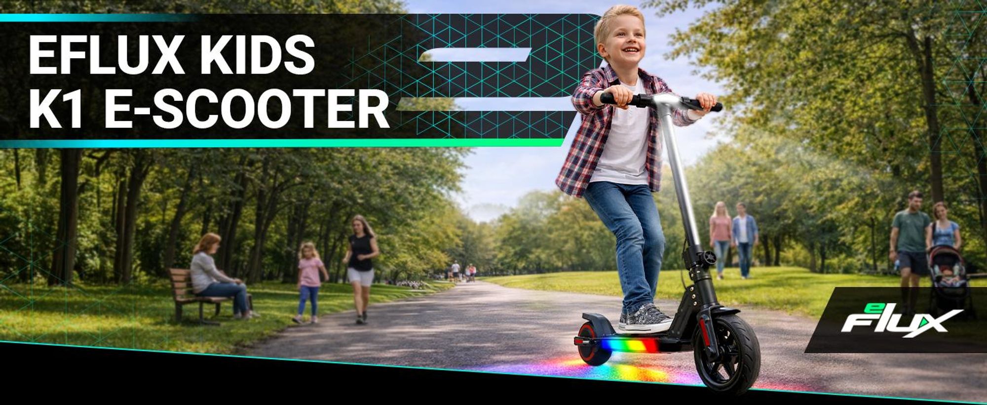 eFlux Kinder Elektroroller K1 | Faltbarer E Scooter - Elektroscooter - LED Display & Beleuchtung - 16 km/h - bis zu 15 km Reichweite - ab 6 Jahre
