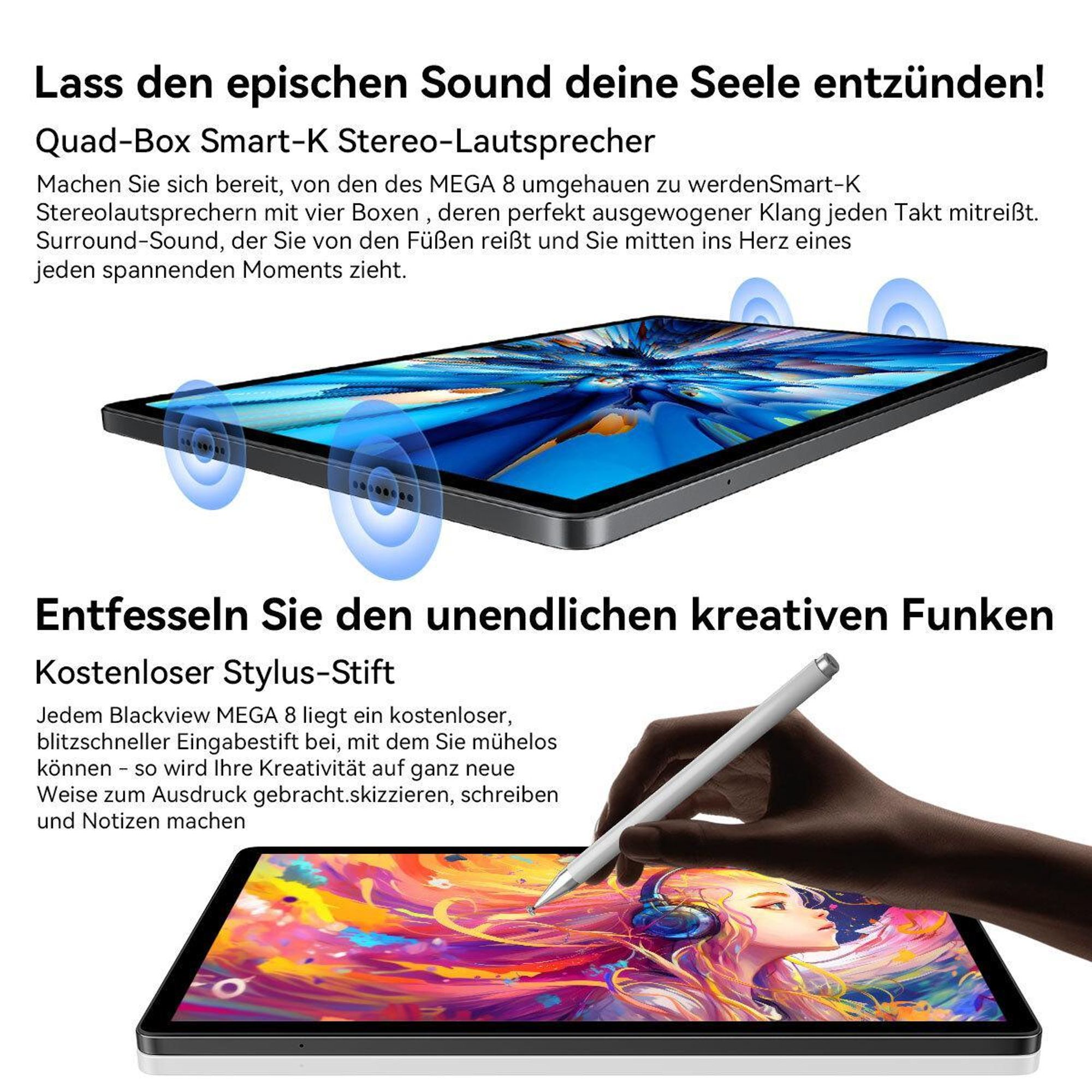 Blackview Mega8, 13 Zoll, Dual 4G LTE+5G WiFi, Android 16, mit 36GB(12+24) RAM+256GB ROM(2TB TF), 2K FHD Display, Octa Core T620, 1100mAh