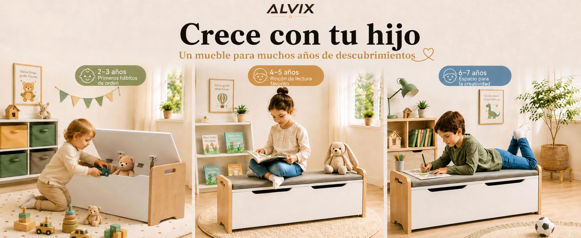 Caja de juguetes ALVIX con banco y cojín de 3 cm de grosor, banco infantil con espacio de almacenamiento, caja de juguetes con tapa de cierre suave, caja de almacenamiento para juguetes