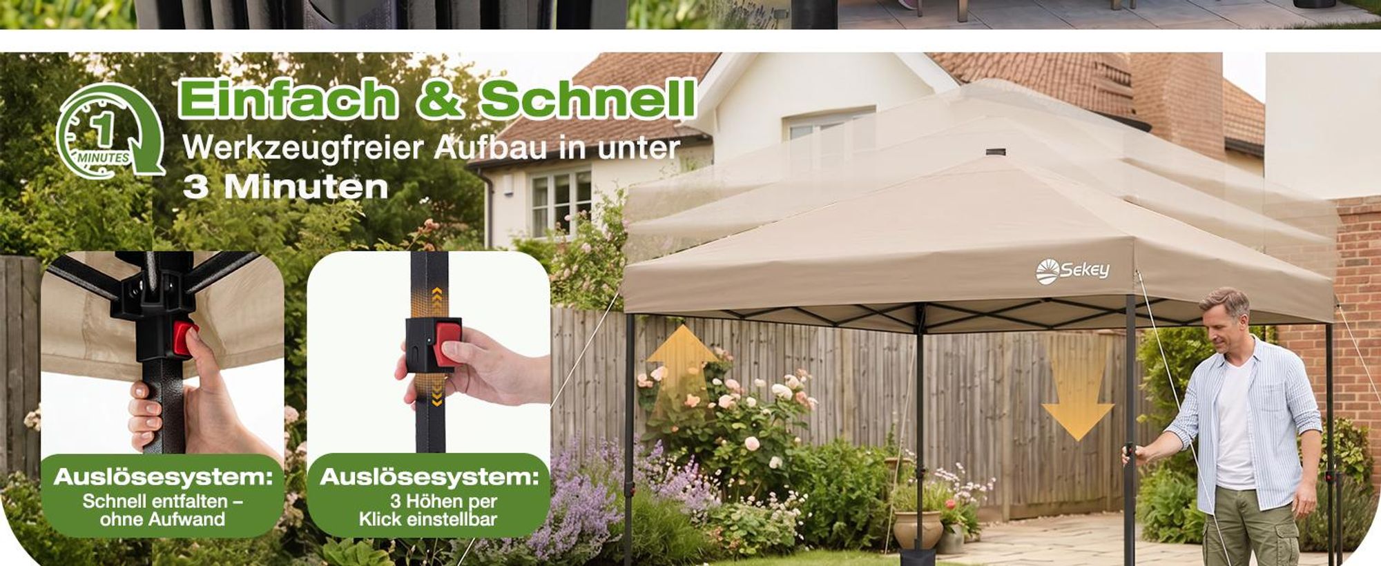 Sekey Faltpavillon 3x3 m mit Solar-LED, UPF 50+, wasserdicht und winterfest Gartenpavillon