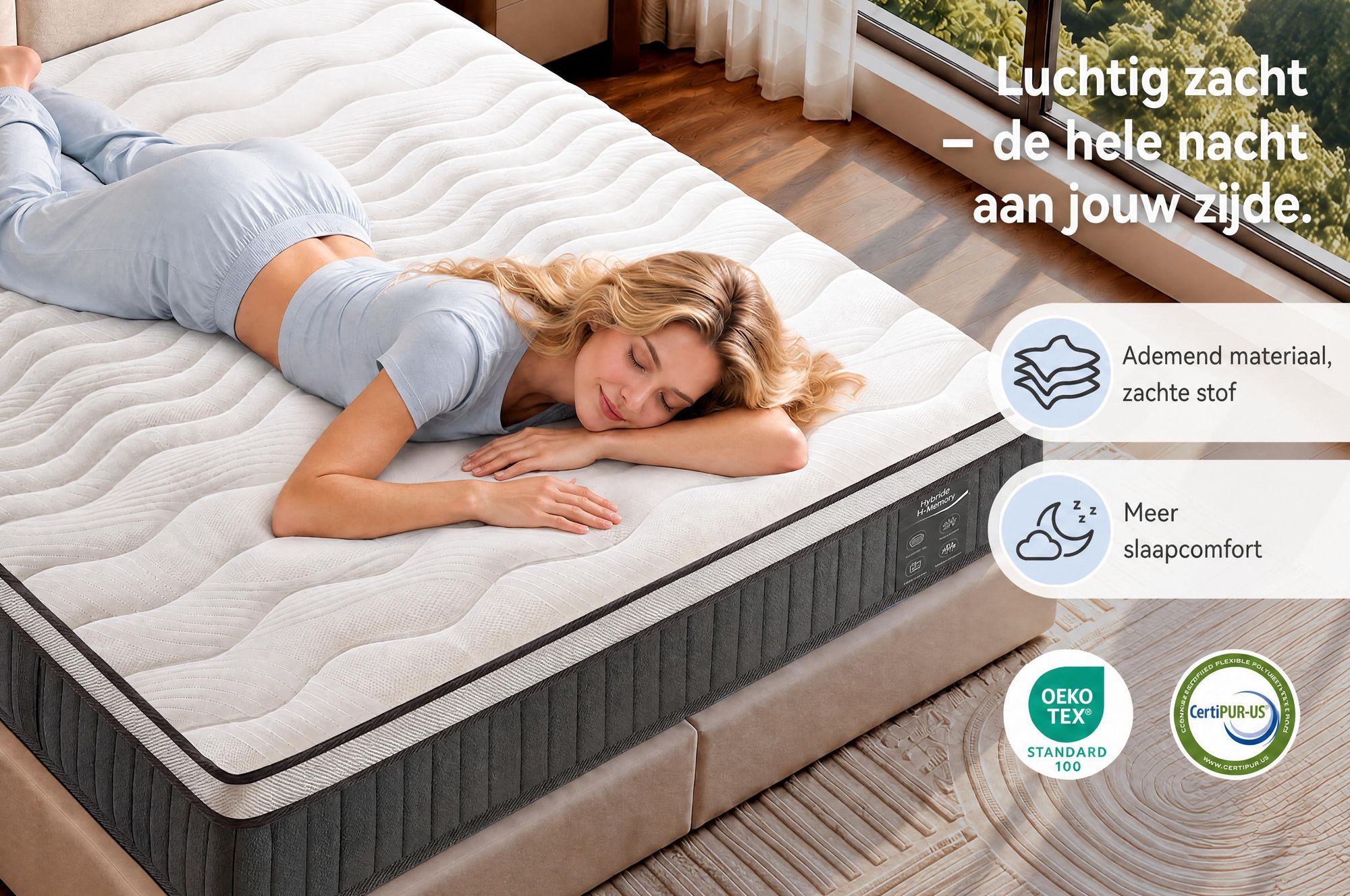 Matras 180x200 cm, 22 cm dik, met geïntegreerde toplaag. 7-zone pocketveringmatras, hardheid H3/H4