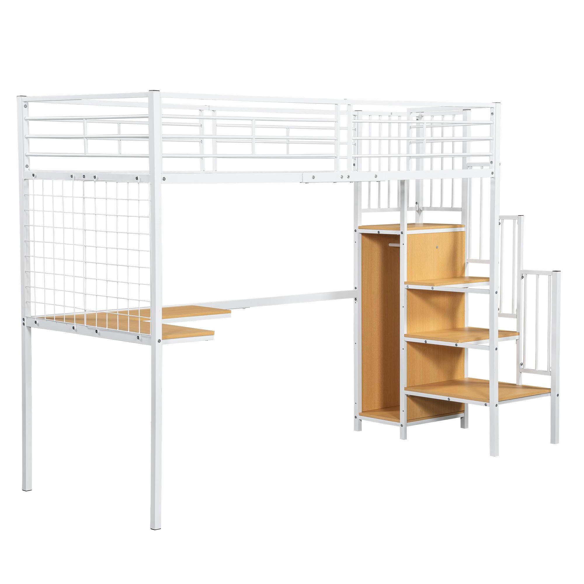 Flieks Etagenbett 90x200cm mit L-förmigem Schreibtisch und Eisengitterregal, Hochbett mit Treppe und Garderobe, Kinderbett Metallbett Einzelbett, Weiß