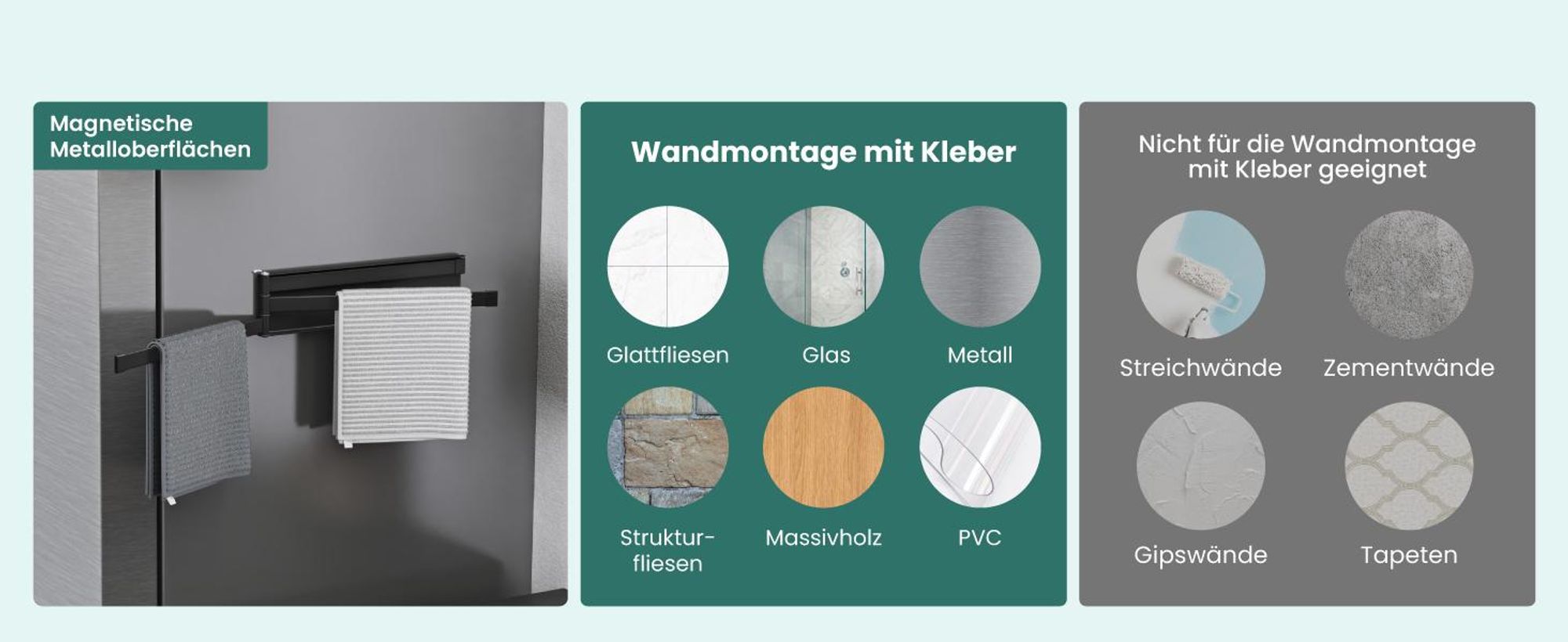 Mai & Mai Handtuchhalter ohne Bohren, 180° schwenkbar mit 3 Armen, Handtuchstange selbstklebend oder magnetisch, Badetuchhalter Matt Schwarz Folda-02