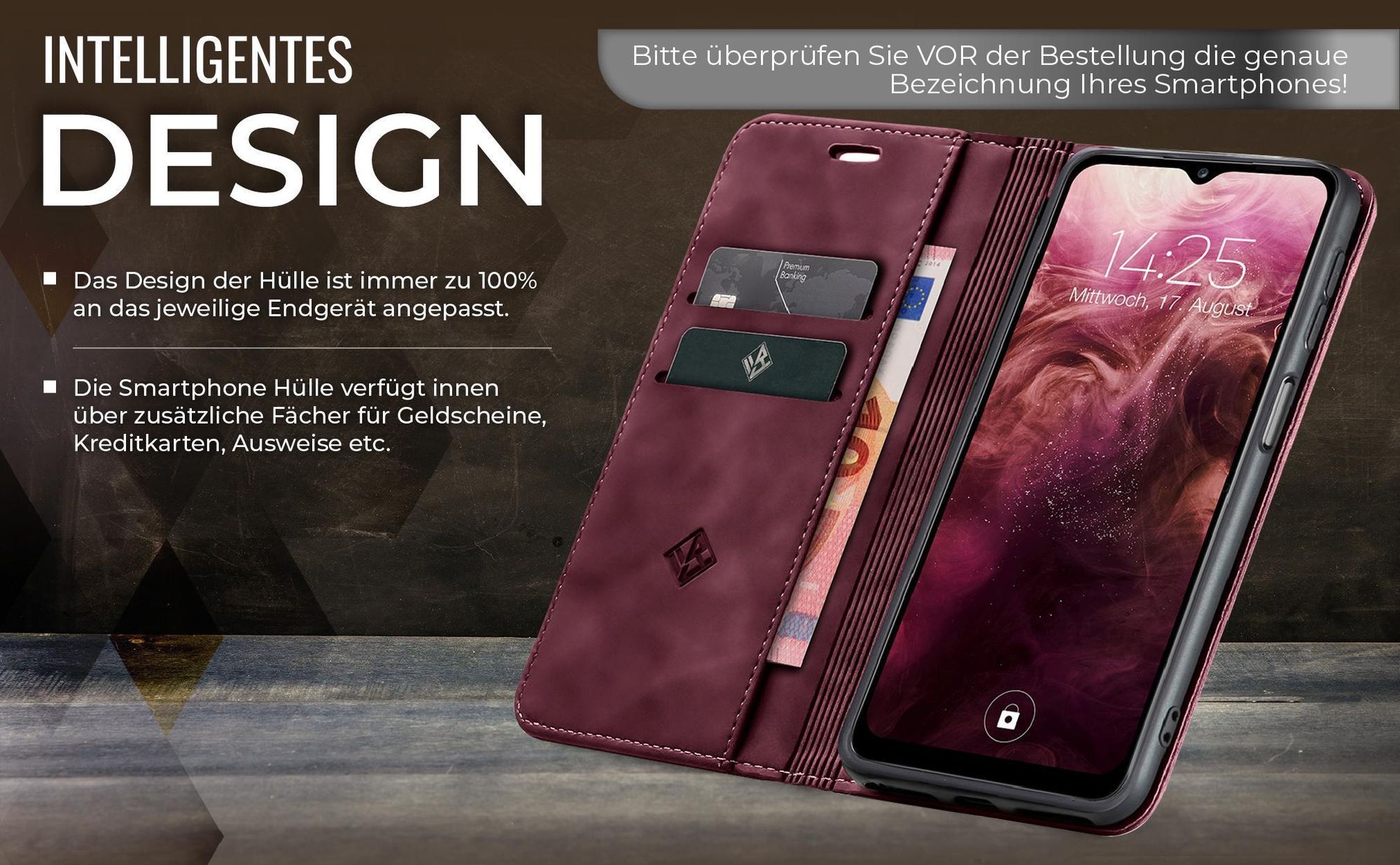 Edle Schutzhülle in Weinrot für Samsung Galaxy A22 5G mit Kartenfächern und Geldfach