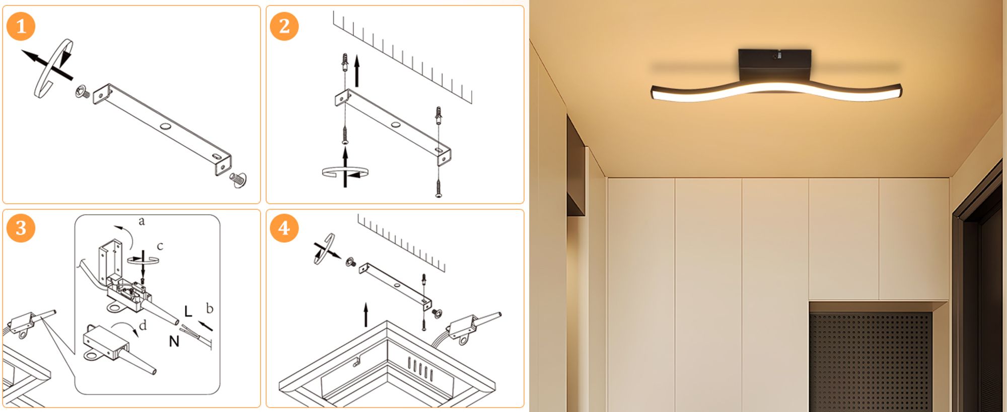 ZMH 2ER Deckenlampe Schlafzimmer Warmweiß LED Deckenleuchte Modern Flur Schlafzimmerlampe Schwarz 6W Küchenlampe Innen Wellen Design 3000K für Küche