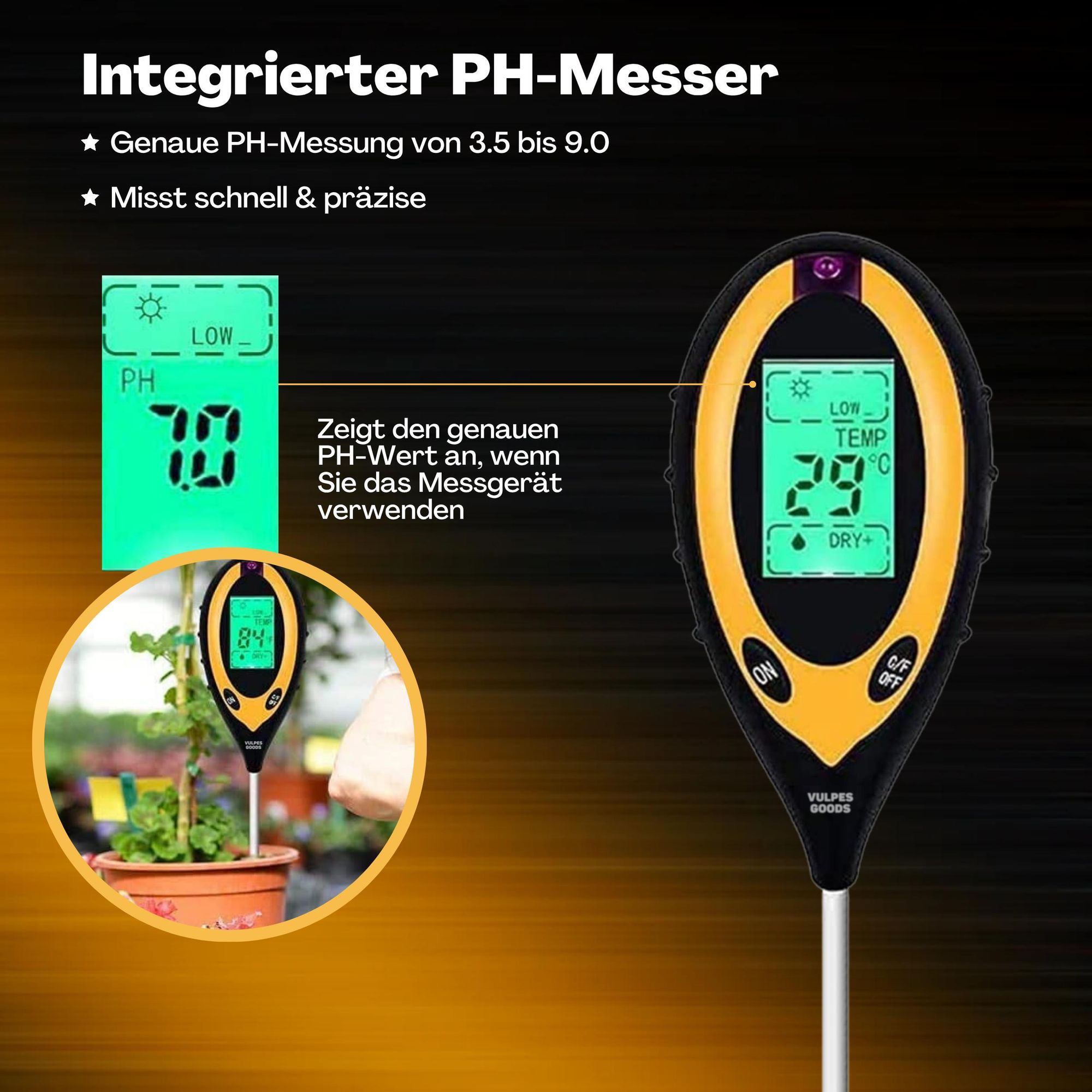 Vulpes Goods Bodenfeuchtigkeitsmessgerät, Für Pflanzen, 4-in-1, Thermo- und Feuchtigkeitsmesser, Innen und Außen, pH Licht, Boden testen, Mit Batterie