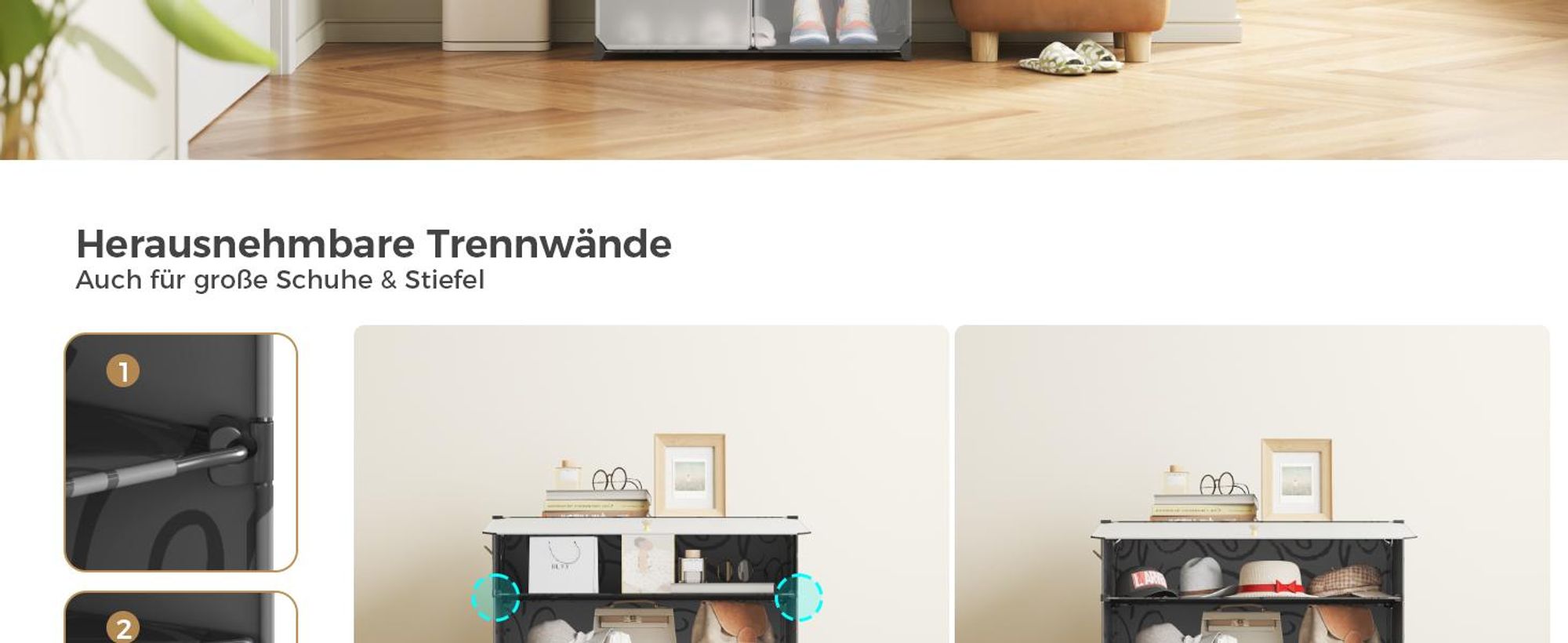 Mondeer Aufbewahrungsschrank aus PP, 6 Fächer Schuhschrank mit Haken für 18 Paar Schuhe, höhenverstellbar, für Flur & Wohnzimmer Schwarz