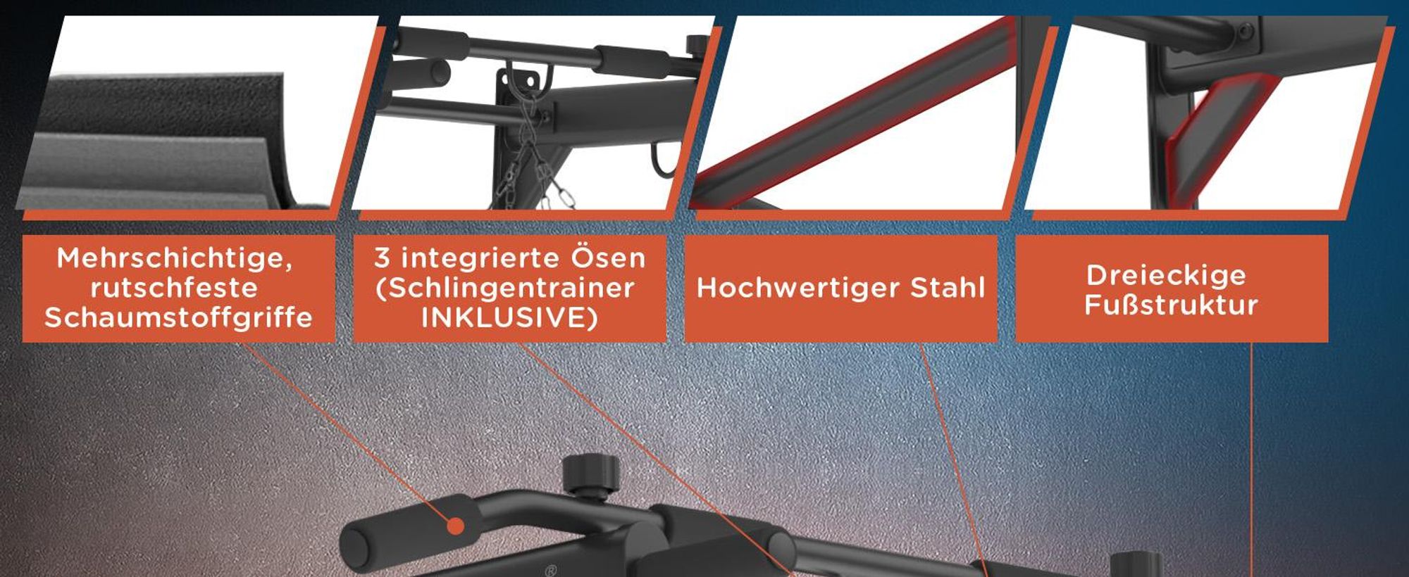DH FitLife 4in1 Klimmzugstange zur Wandmontage, bis 200 kg für Zuhause | 6 rutschfeste Griffe | 3 Ösen für Boxsack & Schlingentrainer, Stabil & Sicher
