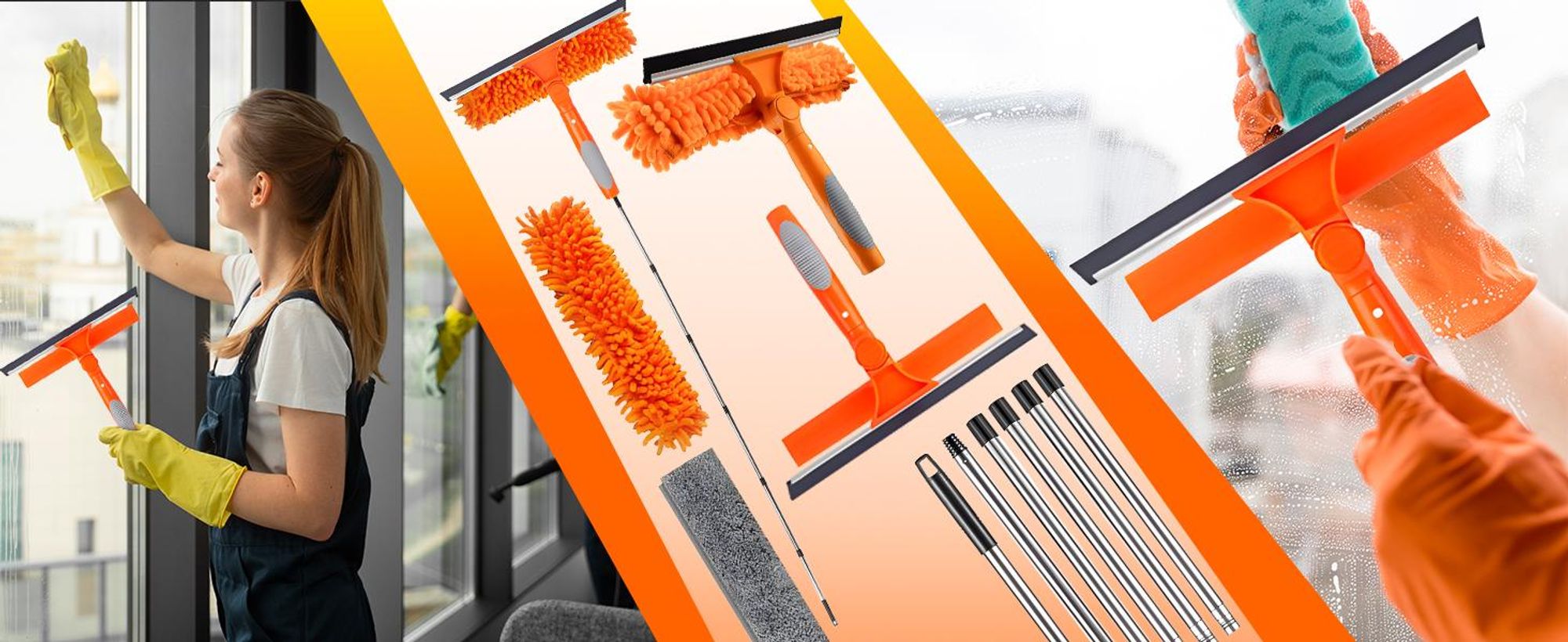 Fensterwischer Set 2in1 mit Teleskopstange 165 cm, 180° Streifenfreier Fensterreiniger für Dusche Glas Auto Fensterabzieher mit Mikrofasertuch, Retoo