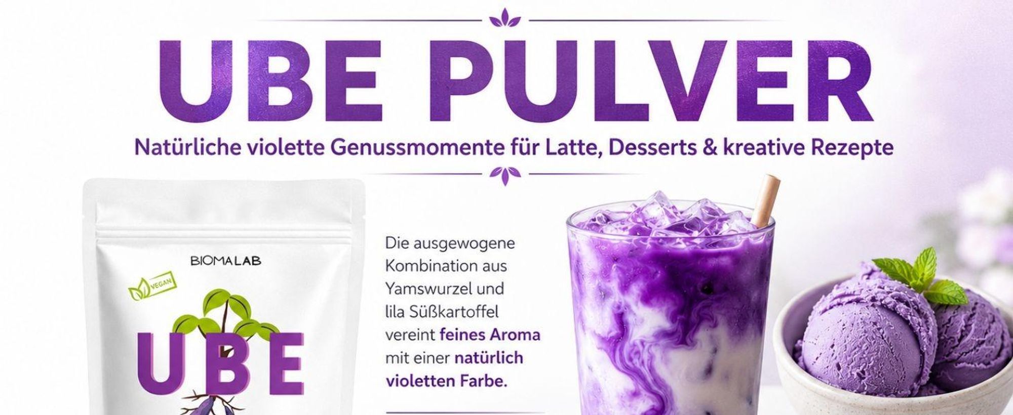 Biomalab Ube Pulver 50g, Natürliche Yamswurzel & Lila Süßkartoffel, Vegan&Natur