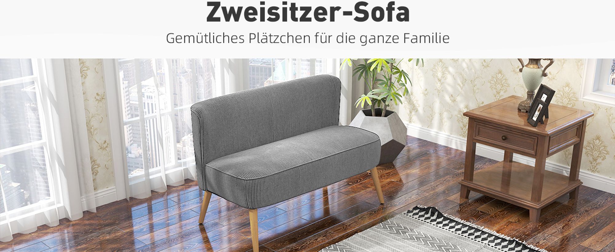 HOMCOM 2 Sitzer Sofa, Gepolsterte Couch mit Kordoptik, Holzbeine für Wohnzimmer