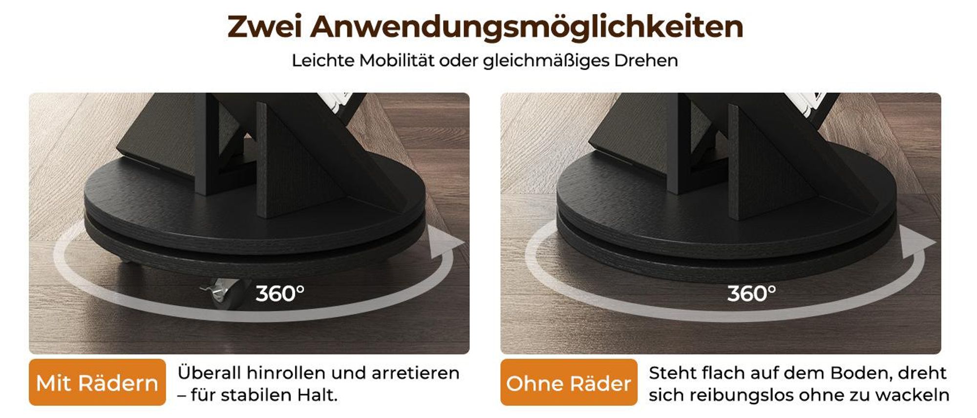 Drehbares Baum-Bücherregal Standregal Dekoregal mit 17 Ablagen, 360° Rotation, Lenkrollen mit Bremsen, Platzsparendes Standregal für Wohnzimmer Büro