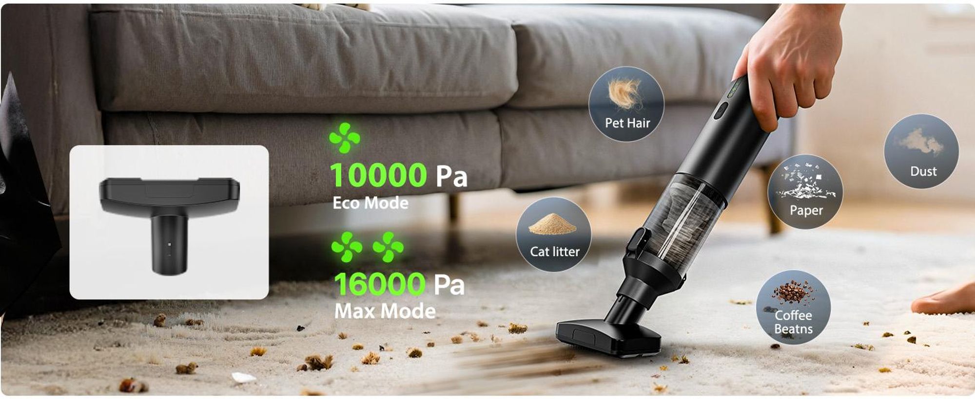 4-in-1 Autostaubsauger, Autosauger kabellos, Handstaubsauger, 16800Pa Saugkraft, 2 Saugstufen, Blas- & Aufpump-Funktion, für Auto, Büro, Tastatur