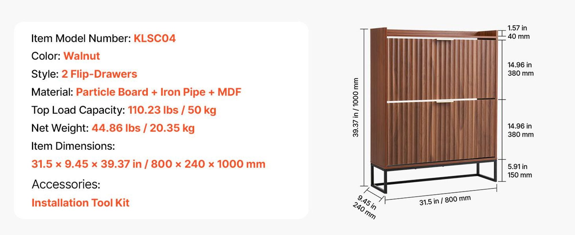 VEVOR Schuhschrank mit 2 Klappen, platzsparender Schuhkipper & Kippschutz, freistehender Schuhregal-Organizer für den Eingang Flur Wohnzimmer Veranda, Schuhregal 80 x 24 x 100 cm Braun