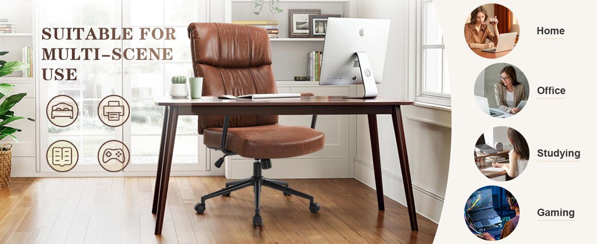 IWMH Kunstleder Chefsessel, Ergonomisch Bürostuhl, Retro Drehstuhl mit Lendenstützte, Homeoffice Schreibtischstuhl für Büro Arbeitszimmer Gaming - Braun