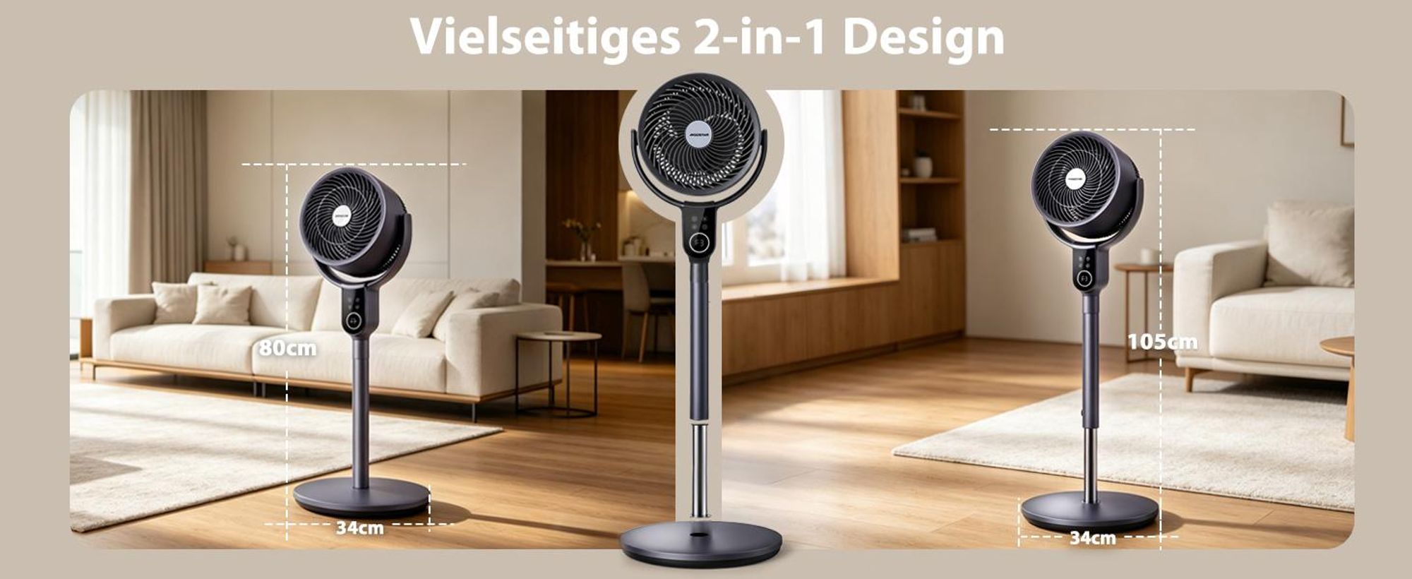 Aigostar 2-in-1 Luftumwälzer Standventilator, DC-Motor, 3D-Oszillation, 8 Stufen, leise 23dB, 12H-Timer, Fernbedienung, höhenverstellbar 80-105cm