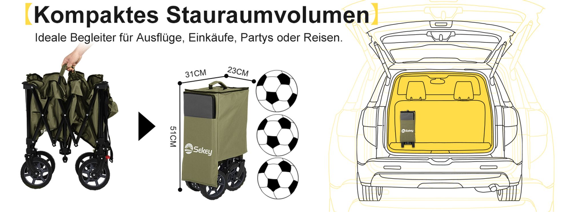 Sekey XXL 200KG Belastbar Bollerwagen Faltbar mit Spanngurte, 17x4 cm Reifen, Olivgrün