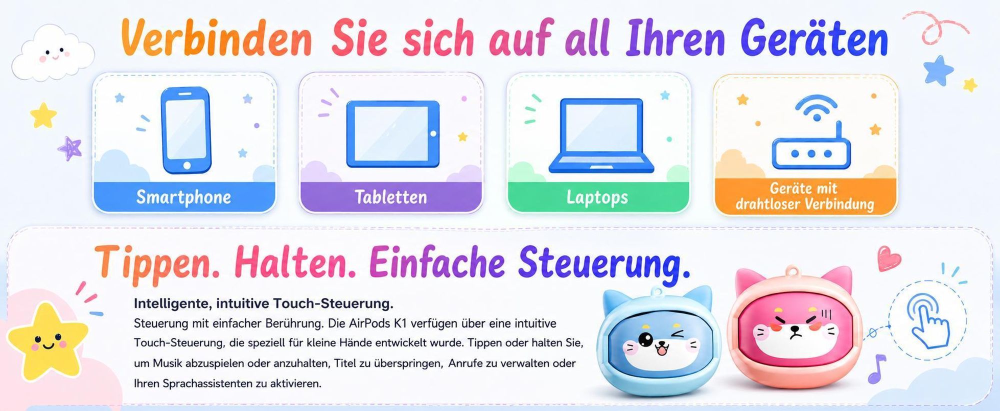 Blackview AirBuds K1 over ear Kinder Kopfhörer, Bluetooth 5.0/6.0, 22 Std. Laufzeit, Gehörschutz, Touch Steuerung, IPX4, fur Schule/Tablet/Handy/PC