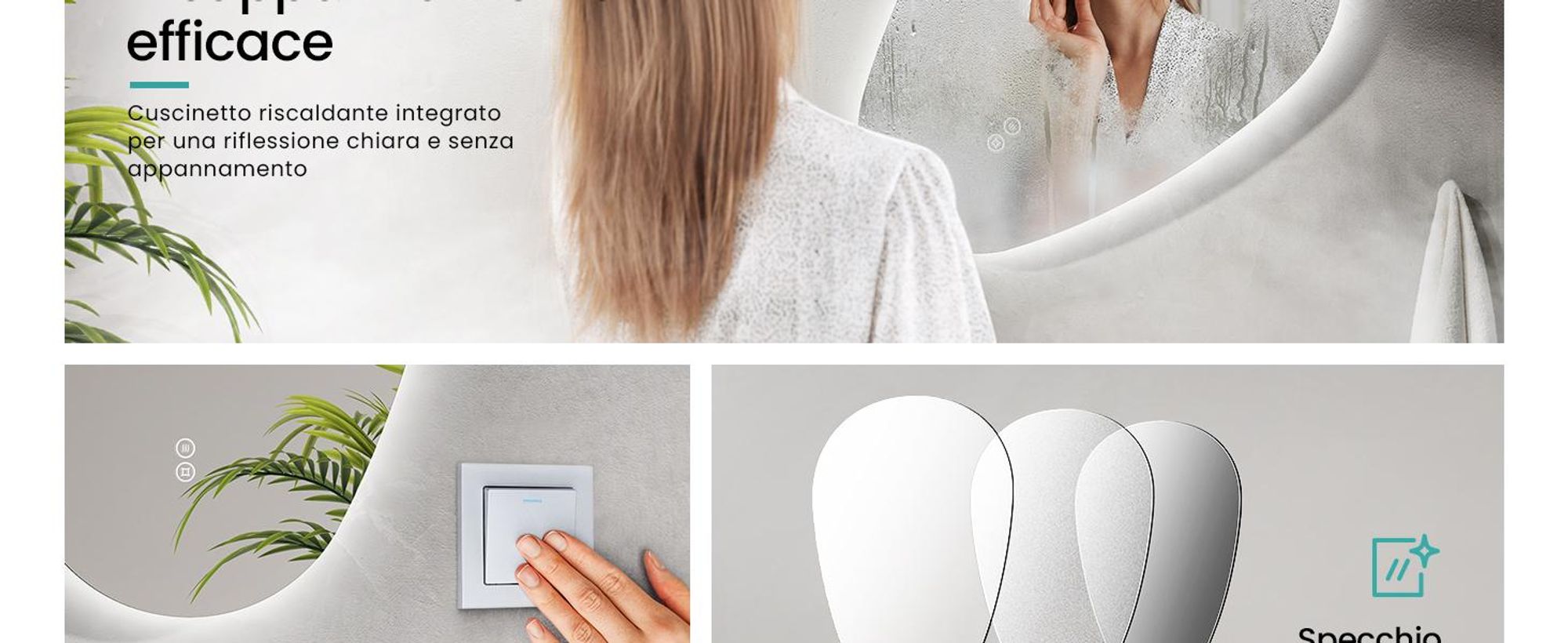 EMKE Specchio da bagno con illuminazione 60 x 45 cm Specchio da bagno asimmetrico, specchio da bagno con 3 colori di luce Dimmerabile, antiappannamento, interruttore a sfioramento