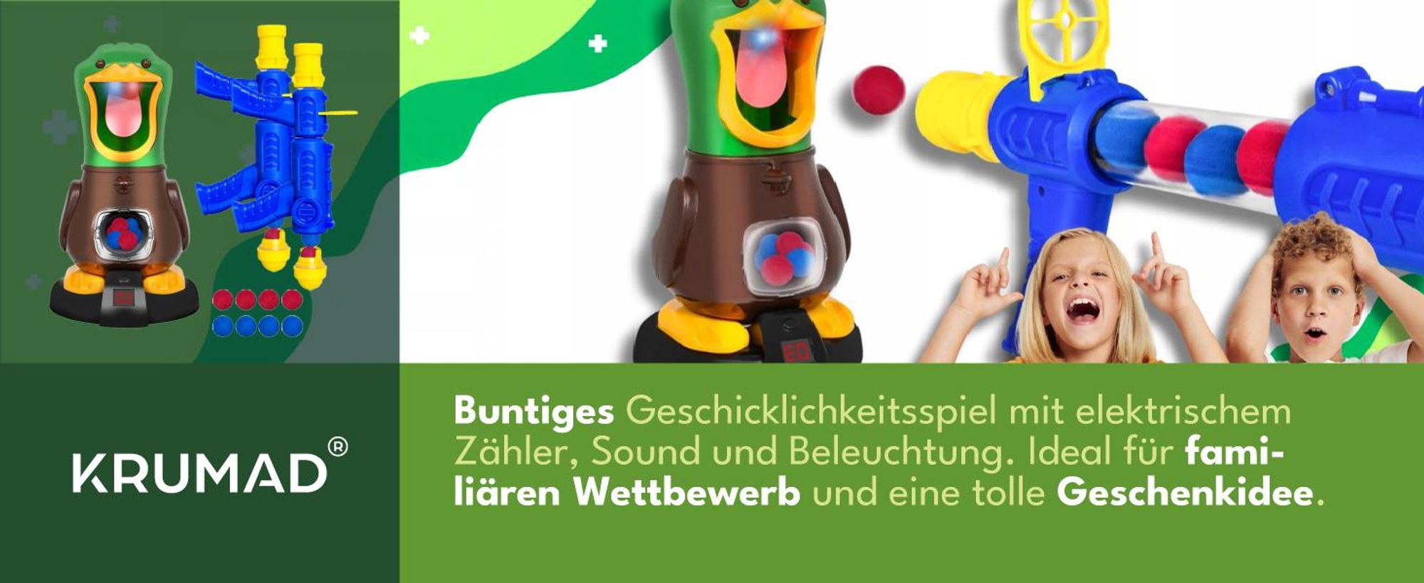 KRUMAD Hungry Duck Spielzeug ab 3 4 5 6 Jahre, Geschicklichkeitsspiel mit 2 Pistolen, 48 Schaumstoffbällen, elektronischem Trefferzähler, Licht Sound