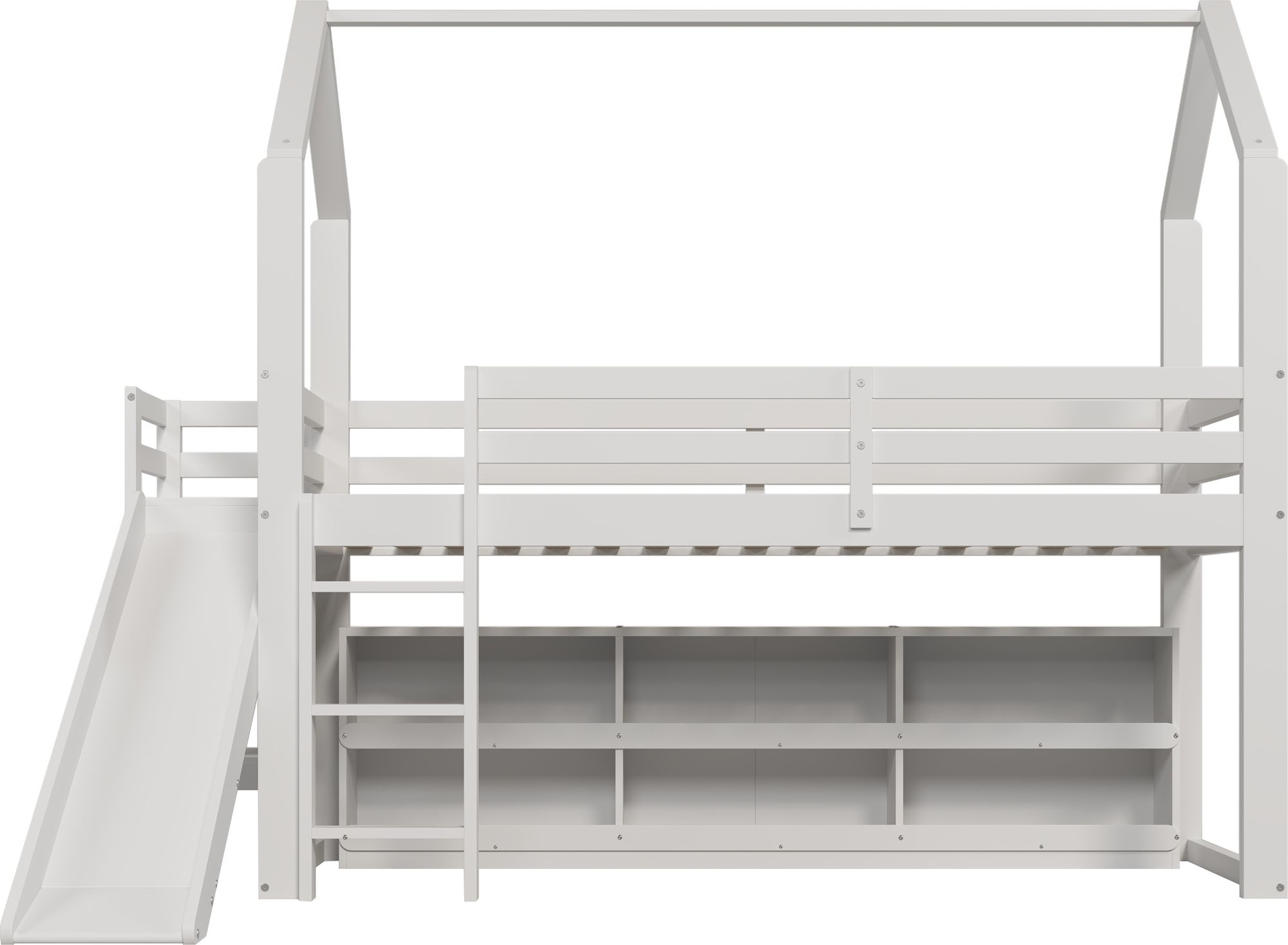 Flieks Etagenbett 90x200cm mit Schrank, Kinderbett Hausbett mit Rutsche, Hochbett Stockbett mit Rausfallschutz & Lattenrost, Holzbett Einzelbett, Weiß