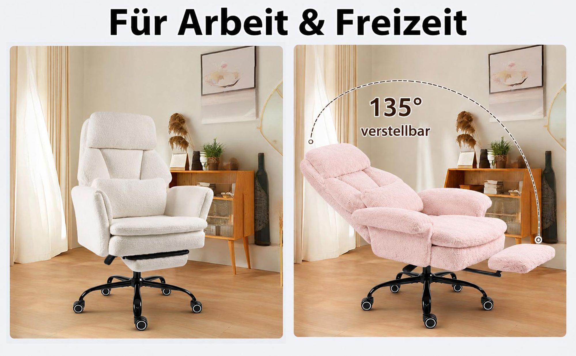Bürostuhl mit Fußstütze, 135° Verstellbarer Schlafsessel, Teddy-Polstersessel mit ausklappbaren Armlehnen, drehbarer Loungesessel auf Rollen für Lesen